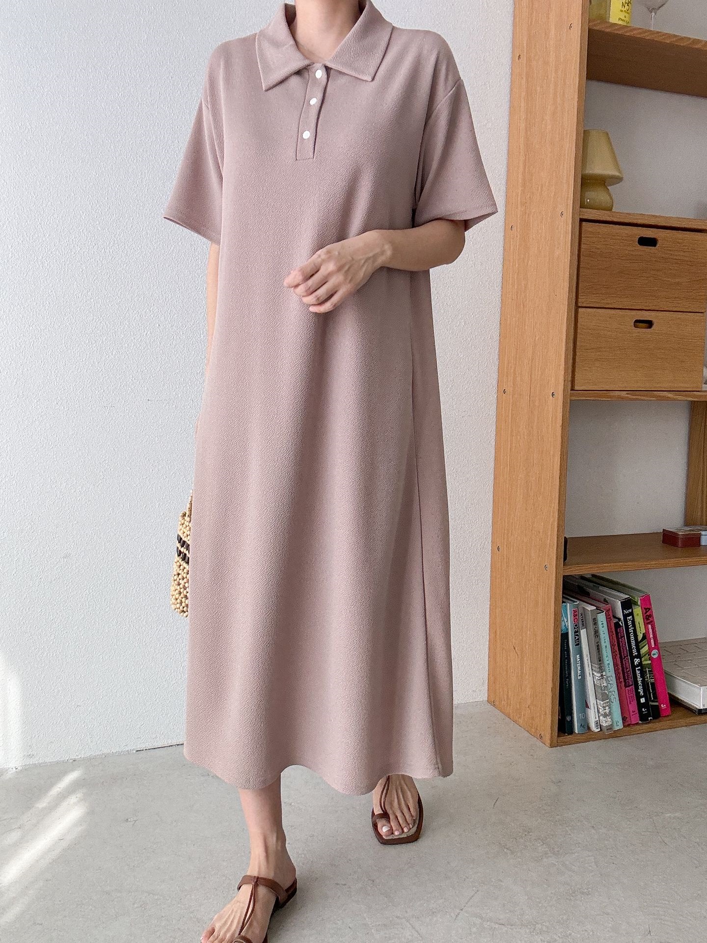 カラーオーバーサイズマキシハーフボタンルーズ半袖Hライン(ロング丈)ドロップショルダー無地ワンピース | 詳細画像16