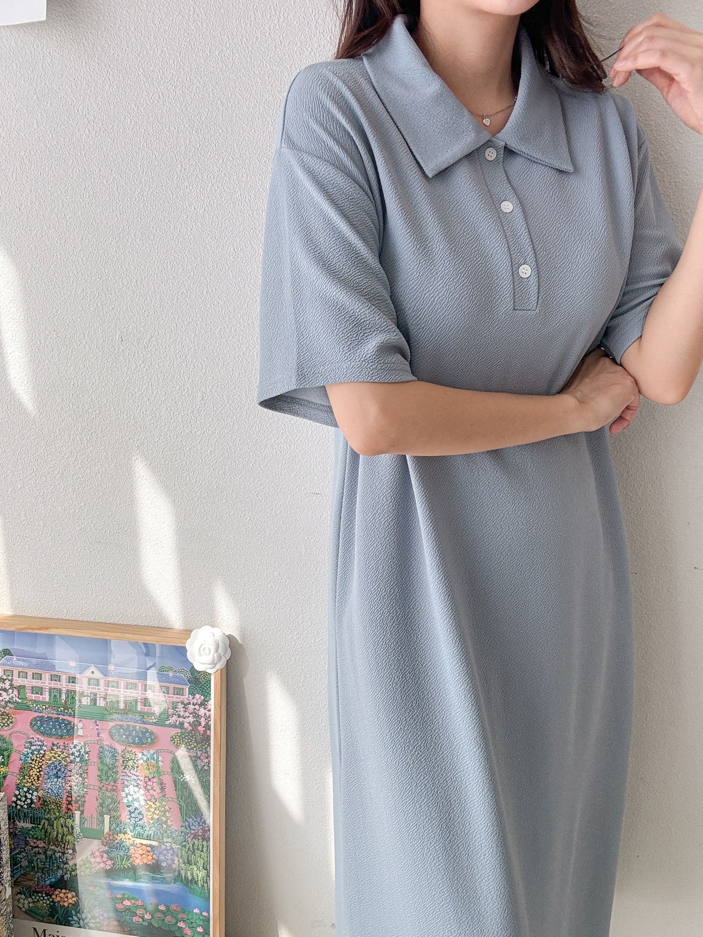 カラーオーバーサイズマキシハーフボタンルーズ半袖Hライン(ロング丈)ドロップショルダー無地ワンピース | 詳細画像21