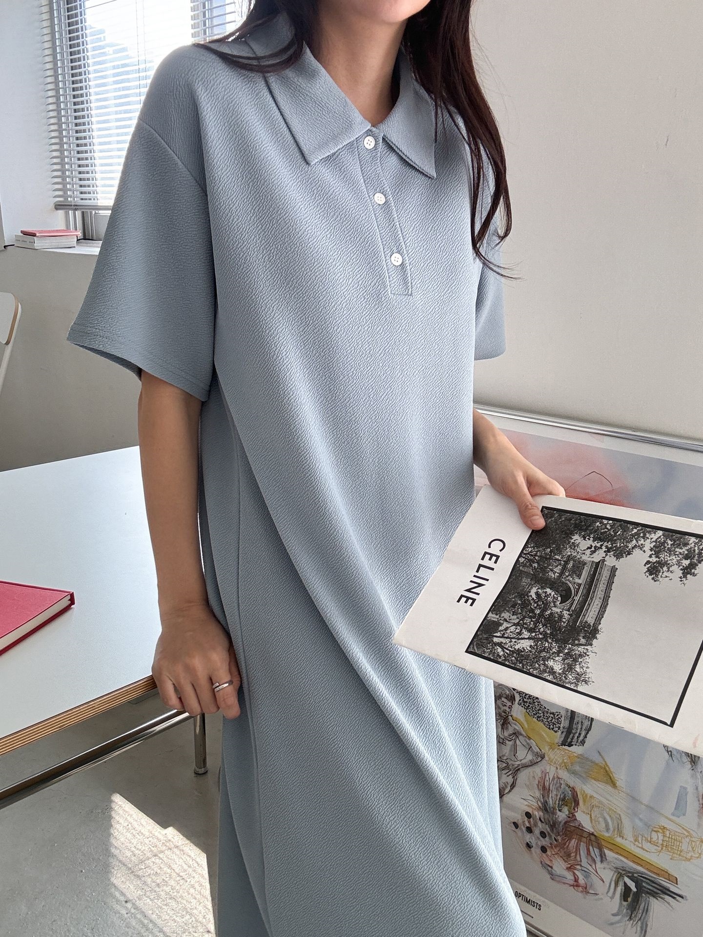 カラーオーバーサイズマキシハーフボタンルーズ半袖Hライン(ロング丈)ドロップショルダー無地ワンピース | 詳細画像22