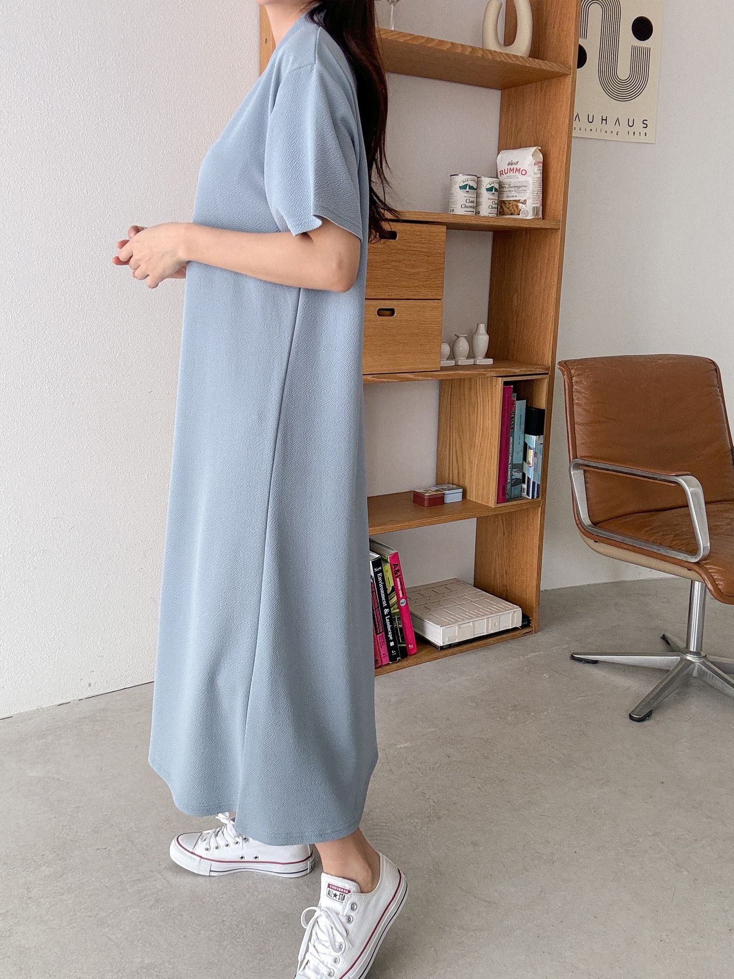 カラーオーバーサイズマキシハーフボタンルーズ半袖Hライン(ロング丈)ドロップショルダー無地ワンピース | 詳細画像23
