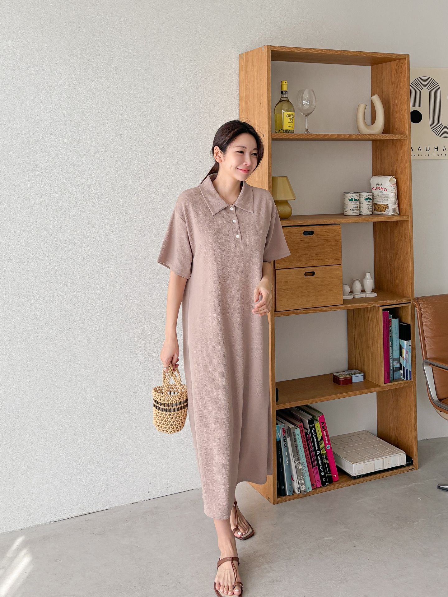 カラーオーバーサイズマキシハーフボタンルーズ半袖Hライン(ロング丈)ドロップショルダー無地ワンピース | 詳細画像18