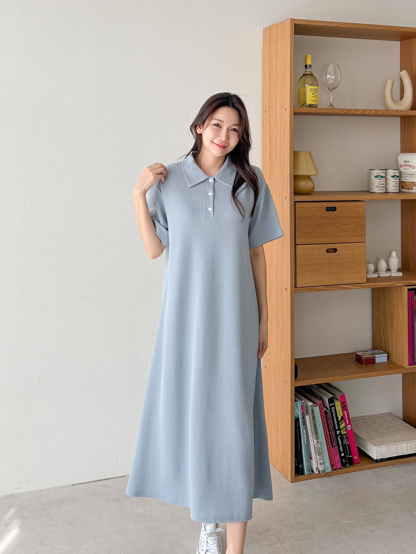 カラーオーバーサイズマキシハーフボタンルーズ半袖Hライン(ロング丈)ドロップショルダー無地ワンピース | 詳細画像28