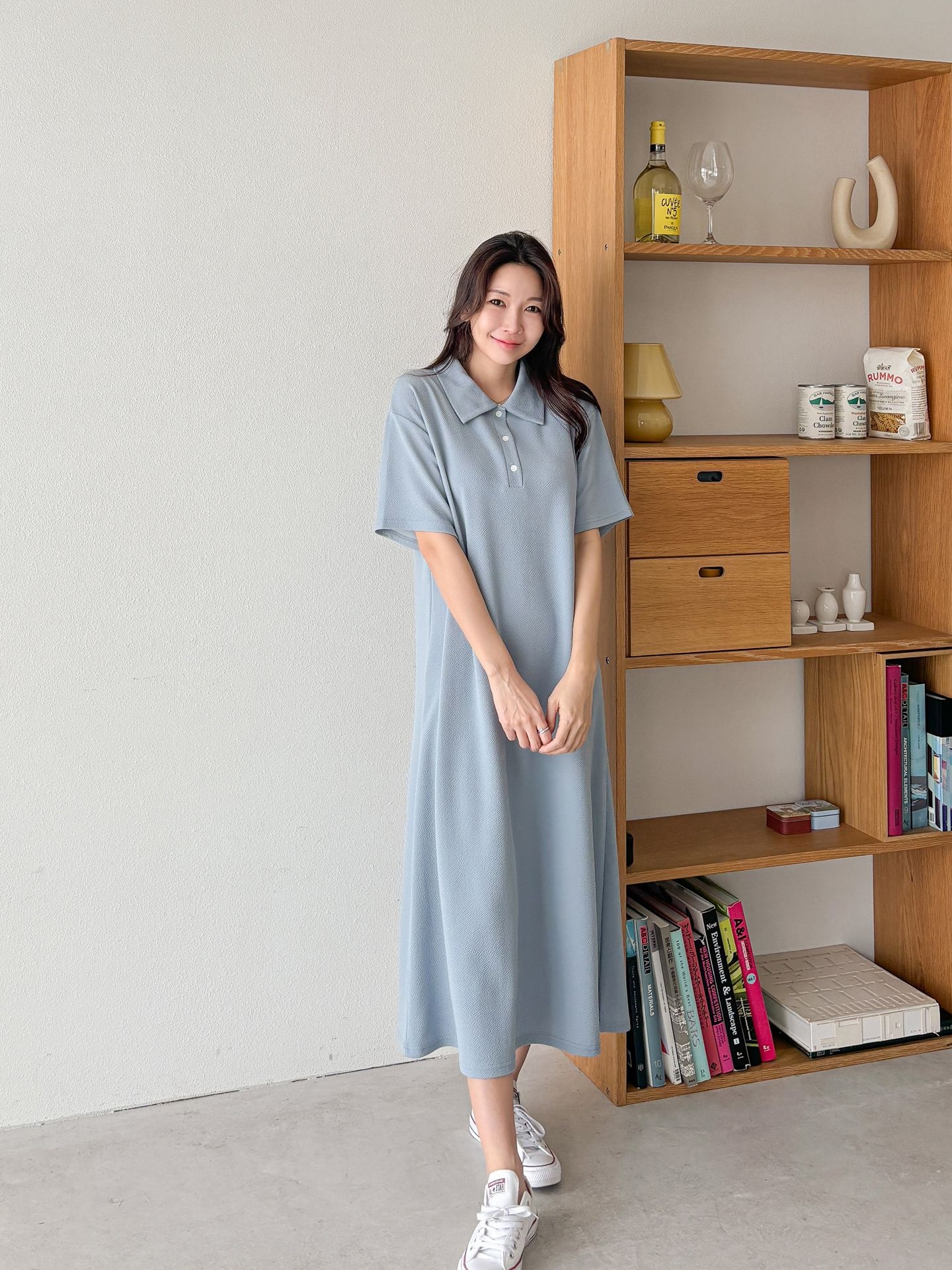 カラーオーバーサイズマキシハーフボタンルーズ半袖Hライン(ロング丈)ドロップショルダー無地ワンピース | 詳細画像29