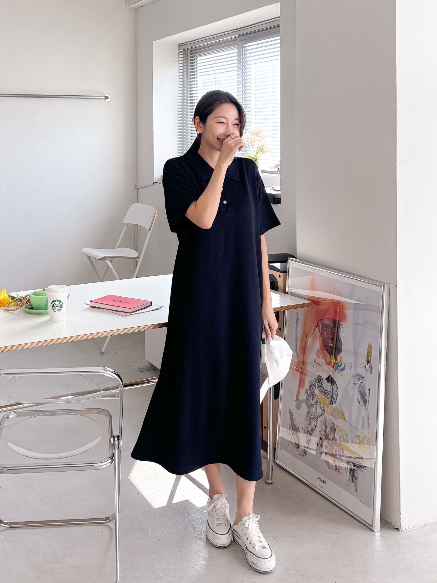 カラーオーバーサイズマキシハーフボタンルーズ半袖Hライン(ロング丈)ドロップショルダー無地ワンピース | 詳細画像8