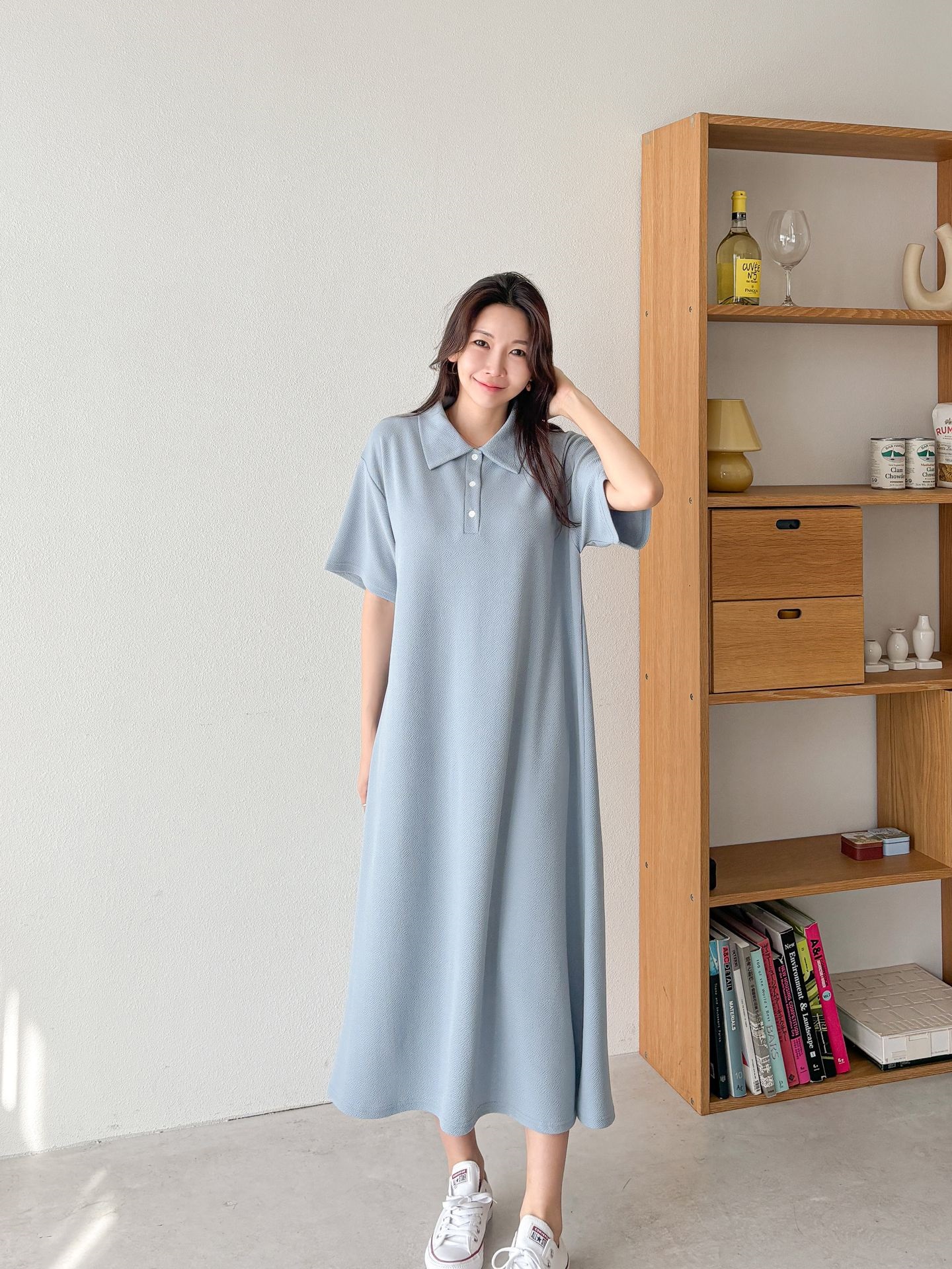 カラーオーバーサイズマキシハーフボタンルーズ半袖Hライン(ロング丈)ドロップショルダー無地ワンピース | 詳細画像31