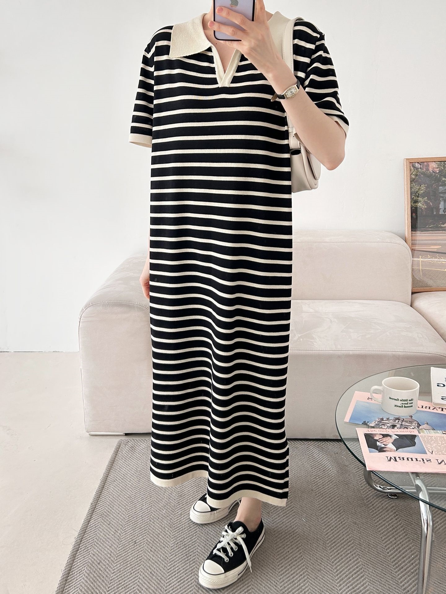 スリットオープンカラーオーバーサイズマキシルーズ半袖Hライン(ロング丈)ボーダー配色ワンピース | 詳細画像21