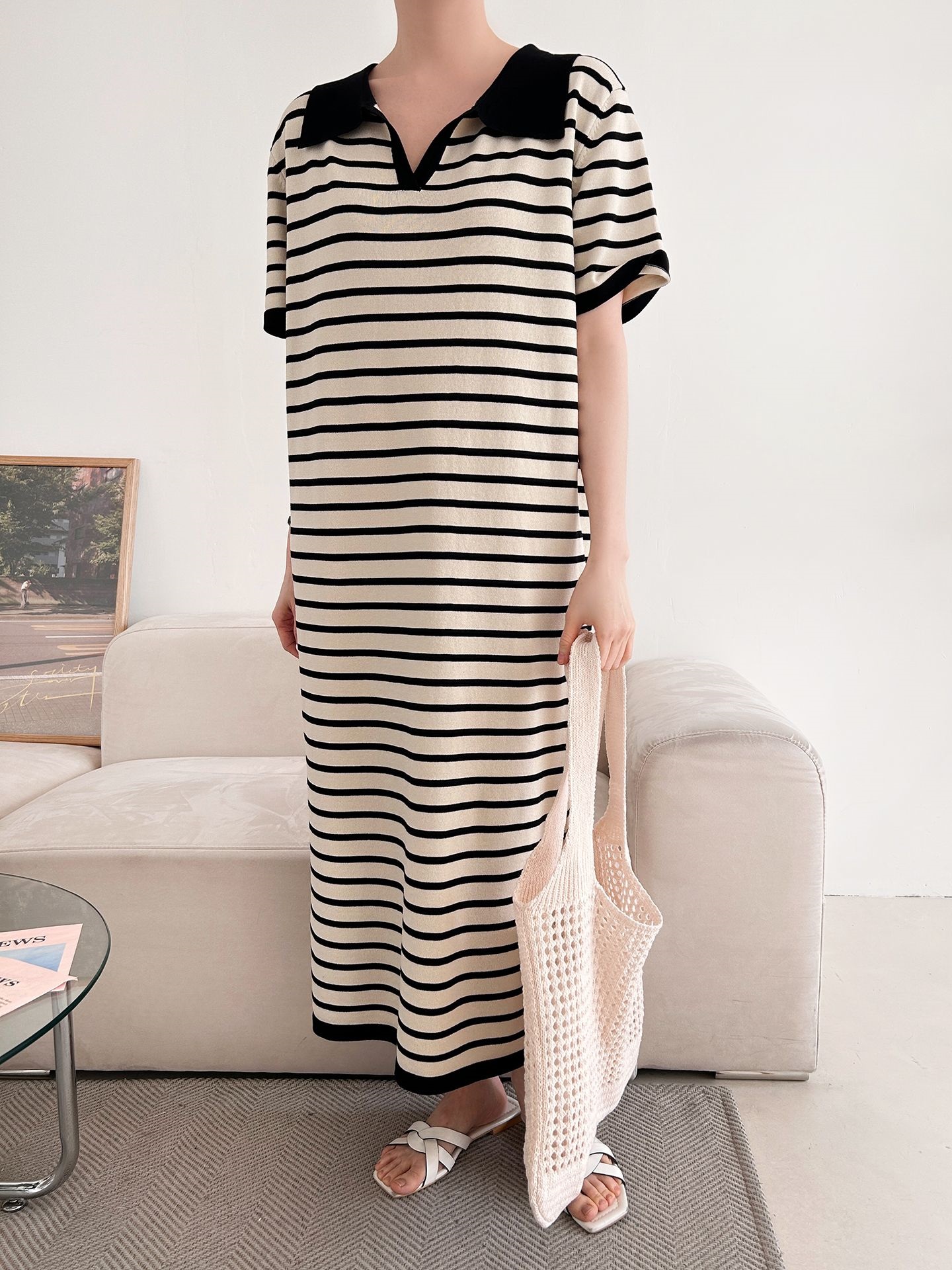 スリットオープンカラーオーバーサイズマキシルーズ半袖Hライン(ロング丈)ボーダー配色ワンピース | 詳細画像3