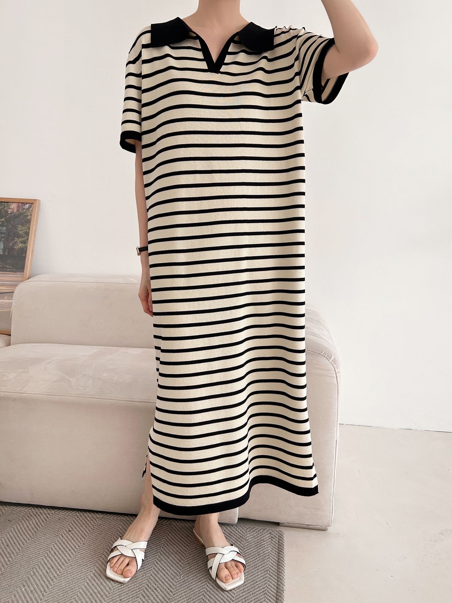 スリットオープンカラーオーバーサイズマキシルーズ半袖Hライン(ロング丈)ボーダー配色ワンピース | 詳細画像4