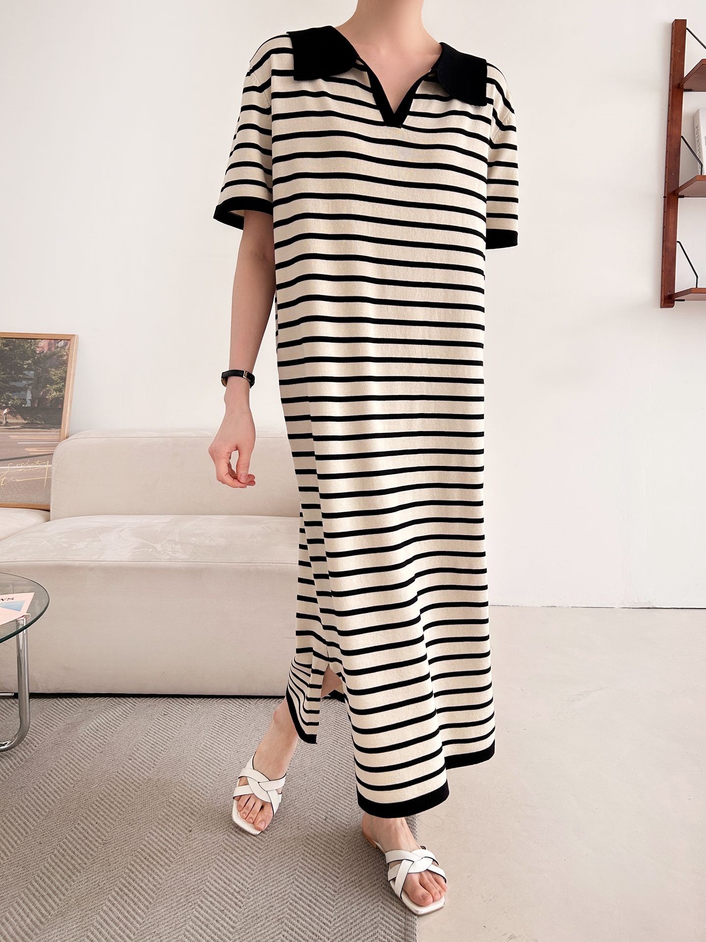 スリットオープンカラーオーバーサイズマキシルーズ半袖Hライン(ロング丈)ボーダー配色ワンピース | 詳細画像5