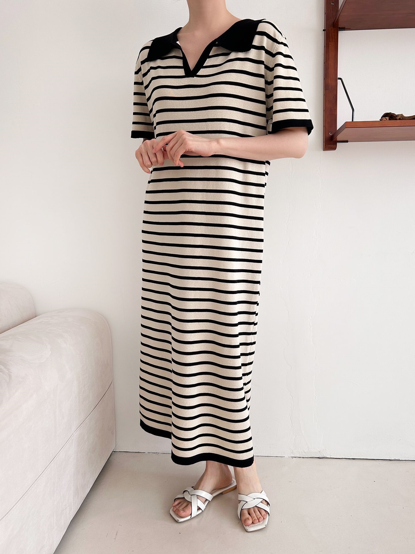 スリットオープンカラーオーバーサイズマキシルーズ半袖Hライン(ロング丈)ボーダー配色ワンピース | 詳細画像7