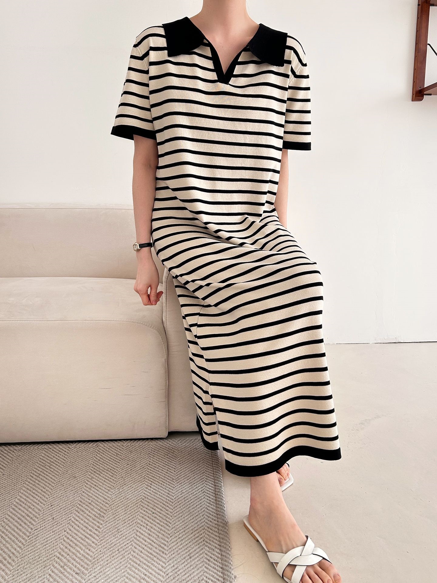 スリットオープンカラーオーバーサイズマキシルーズ半袖Hライン(ロング丈)ボーダー配色ワンピース | 詳細画像11