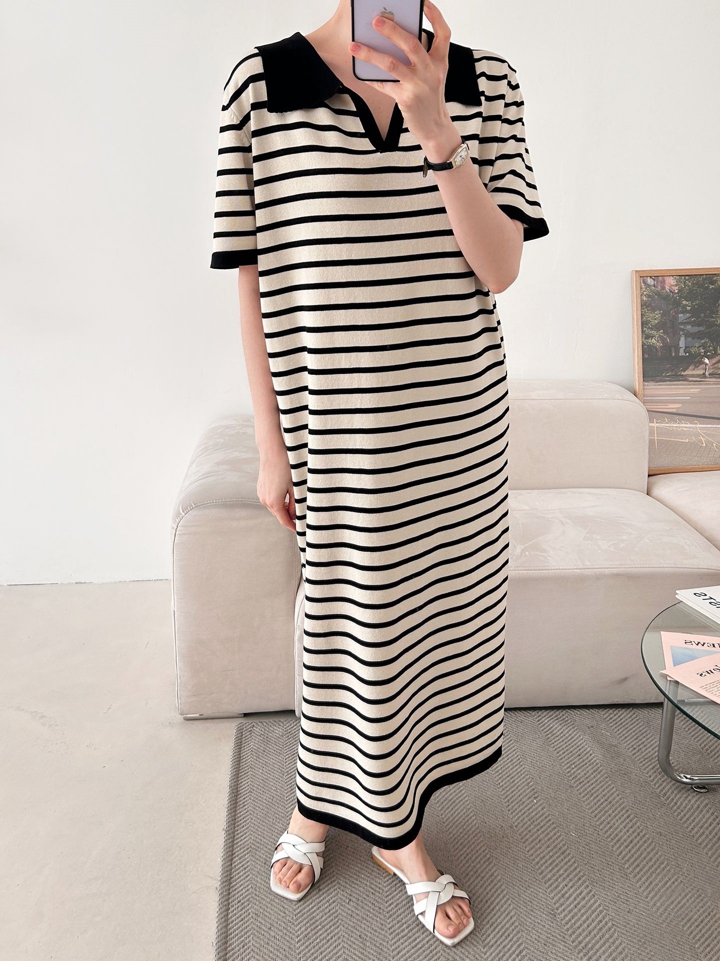 スリットオープンカラーオーバーサイズマキシルーズ半袖Hライン(ロング丈)ボーダー配色ワンピース | 詳細画像9