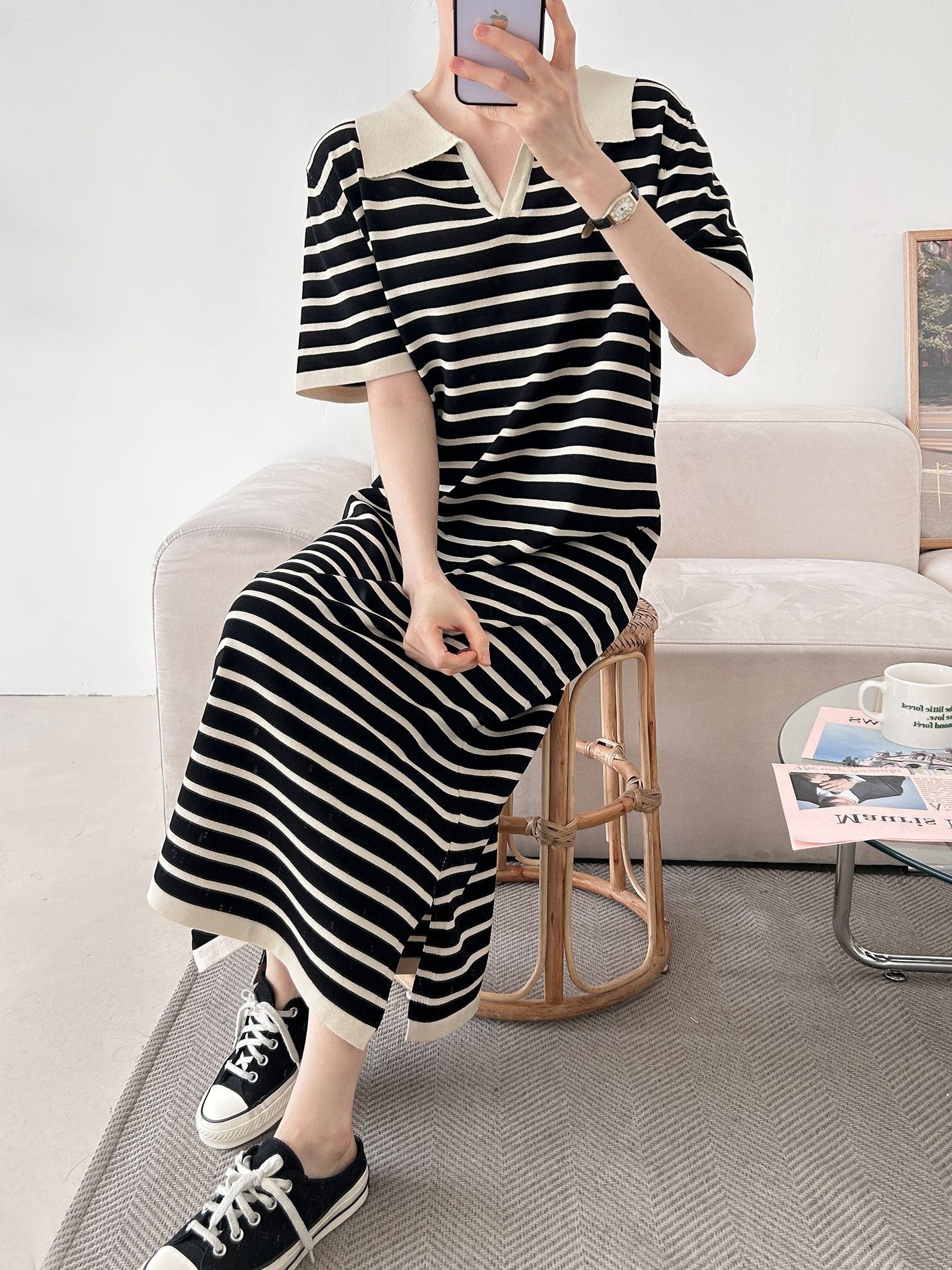 スリットオープンカラーオーバーサイズマキシルーズ半袖Hライン(ロング丈)ボーダー配色ワンピース | 詳細画像12