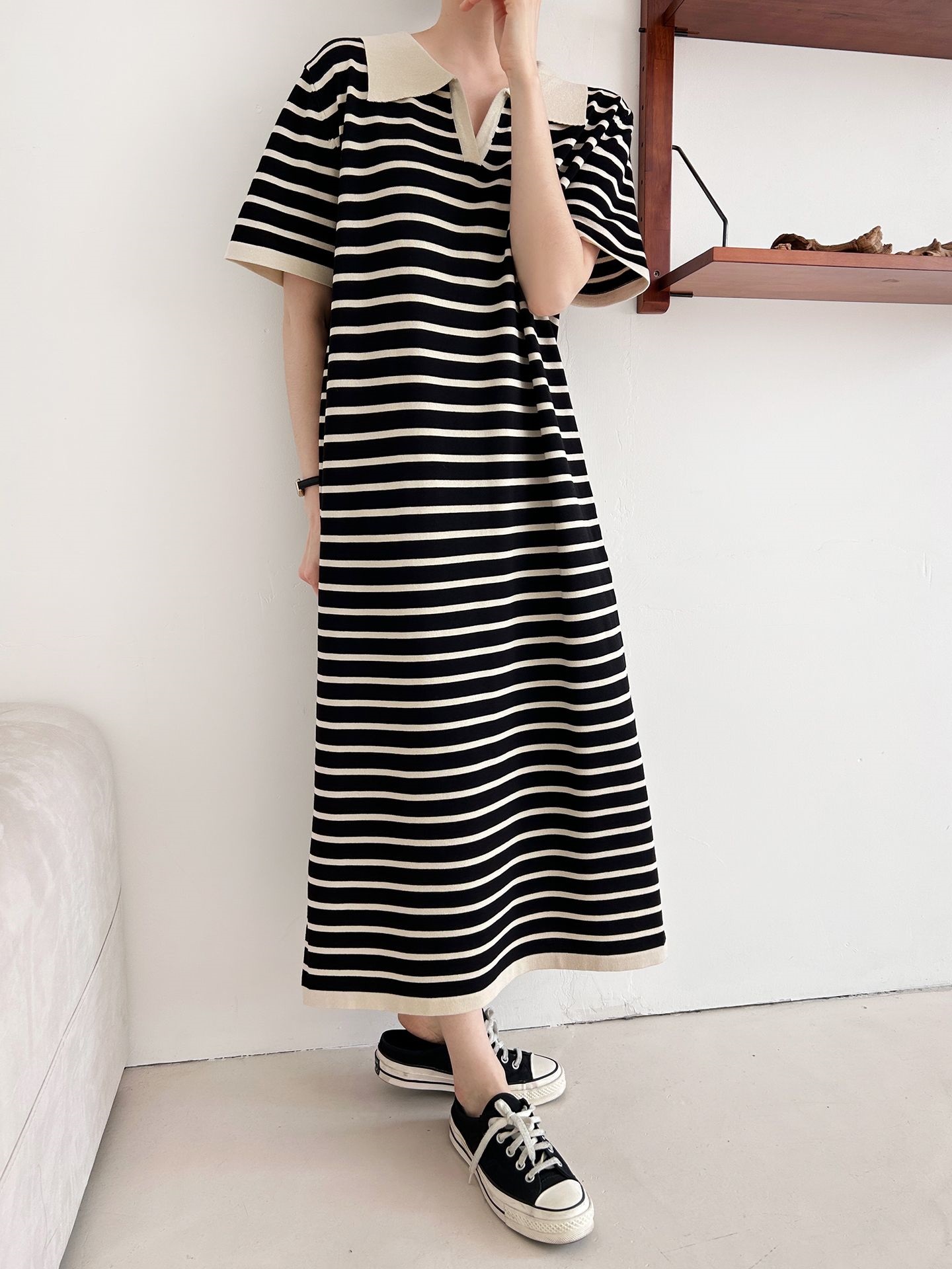 スリットオープンカラーオーバーサイズマキシルーズ半袖Hライン(ロング丈)ボーダー配色ワンピース | 詳細画像13