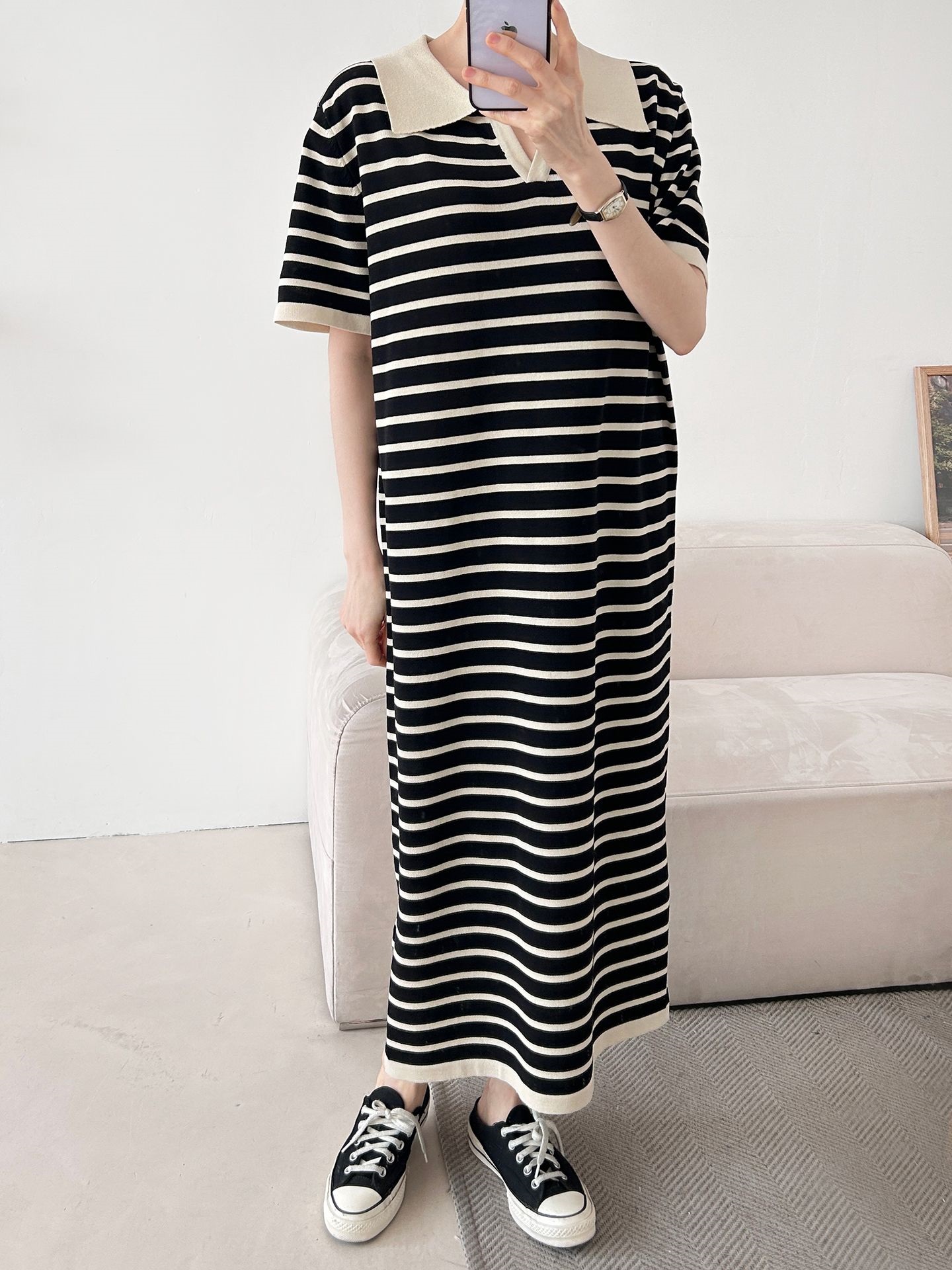 スリットオープンカラーオーバーサイズマキシルーズ半袖Hライン(ロング丈)ボーダー配色ワンピース | 詳細画像14