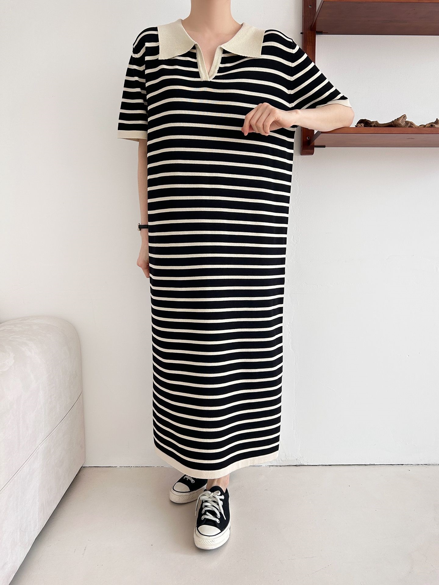 スリットオープンカラーオーバーサイズマキシルーズ半袖Hライン(ロング丈)ボーダー配色ワンピース | 詳細画像15