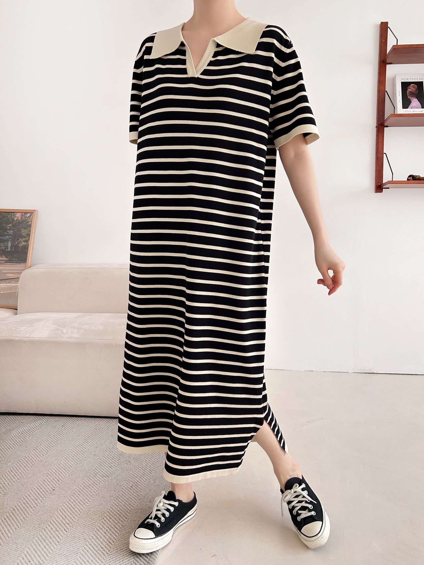 スリットオープンカラーオーバーサイズマキシルーズ半袖Hライン(ロング丈)ボーダー配色ワンピース | 詳細画像16