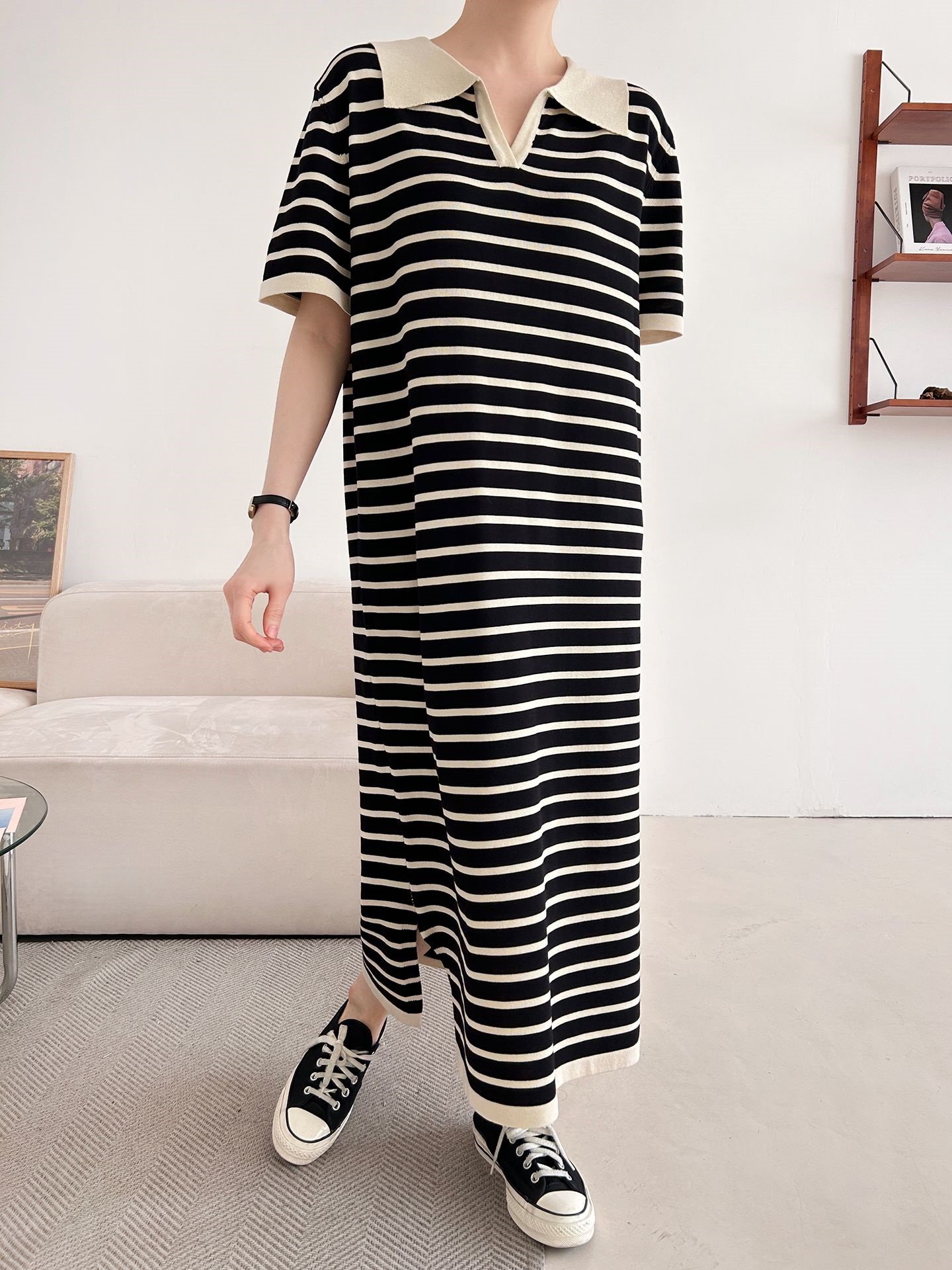 スリットオープンカラーオーバーサイズマキシルーズ半袖Hライン(ロング丈)ボーダー配色ワンピース | 詳細画像17