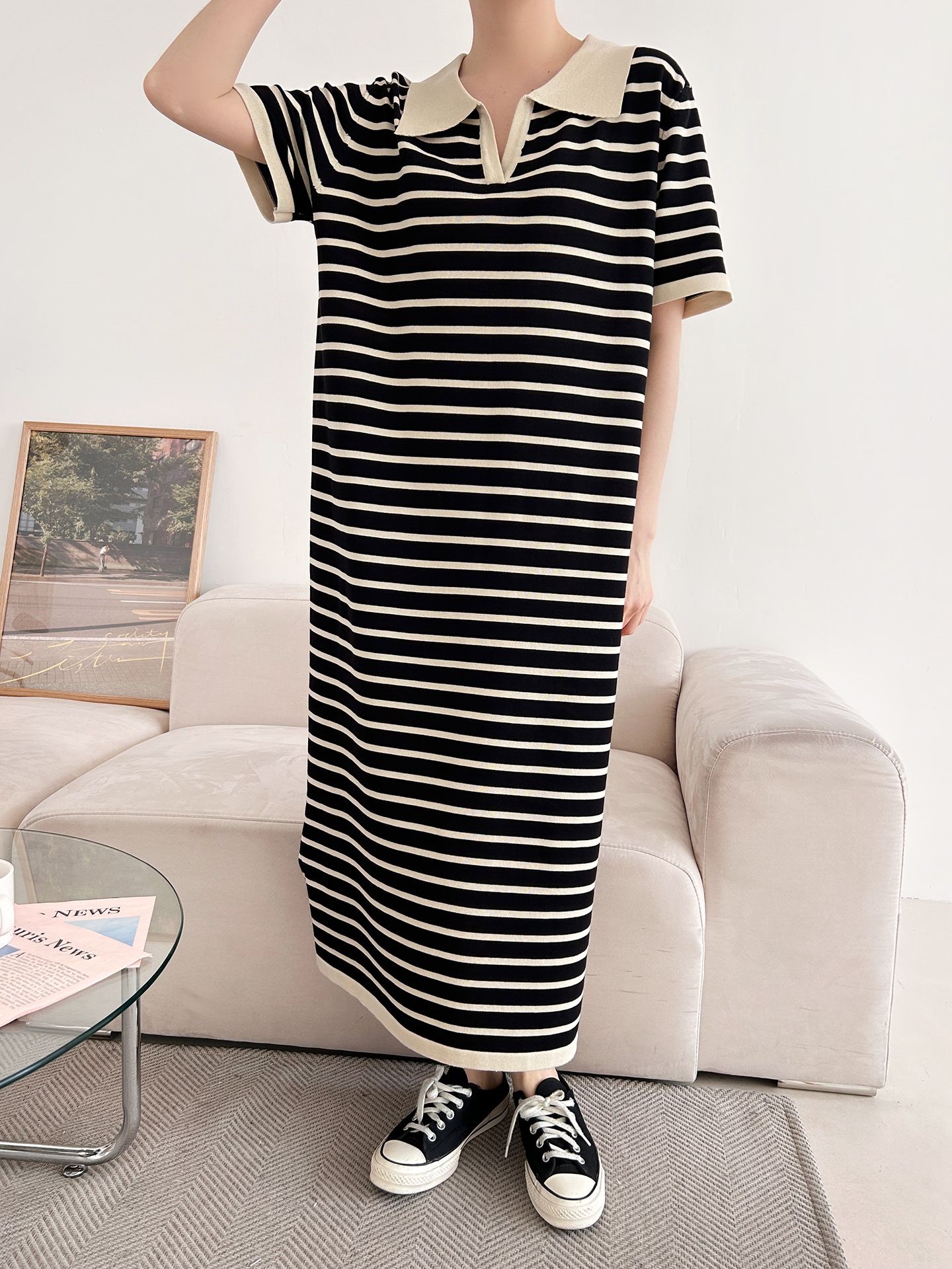 スリットオープンカラーオーバーサイズマキシルーズ半袖Hライン(ロング丈)ボーダー配色ワンピース | 詳細画像18
