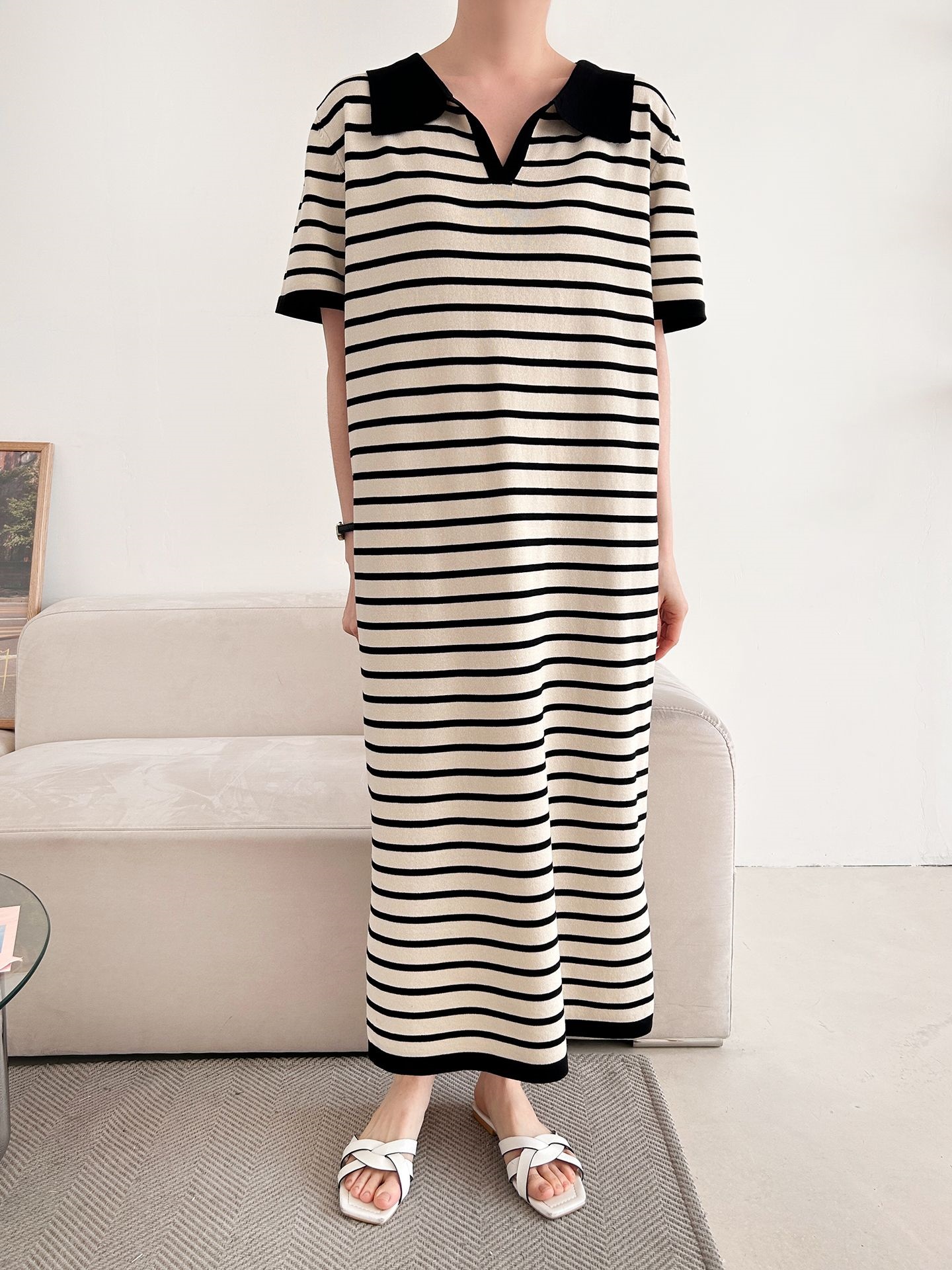 スリットオープンカラーオーバーサイズマキシルーズ半袖Hライン(ロング丈)ボーダー配色ワンピース | 詳細画像2