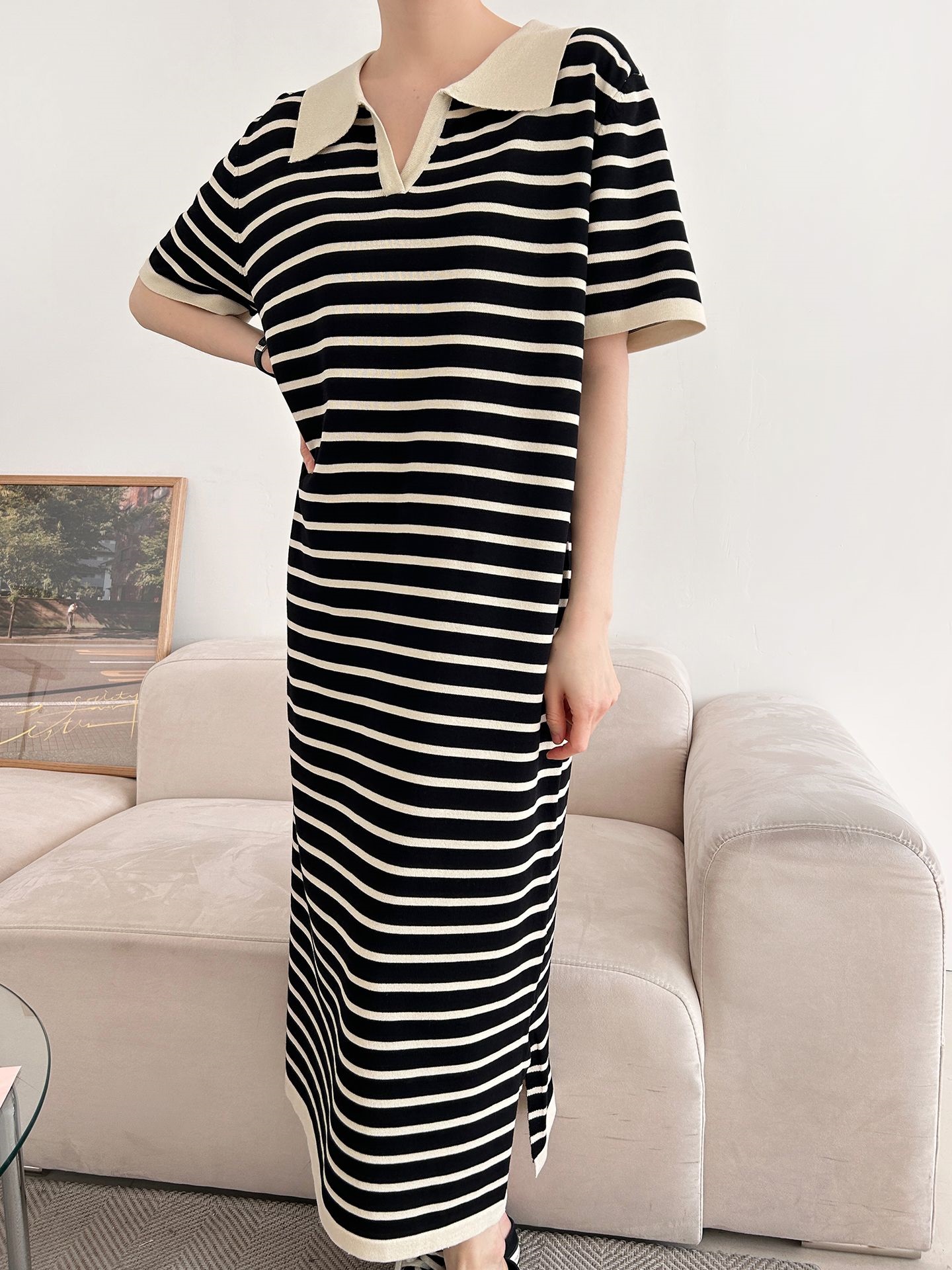 スリットオープンカラーオーバーサイズマキシルーズ半袖Hライン(ロング丈)ボーダー配色ワンピース | 詳細画像22