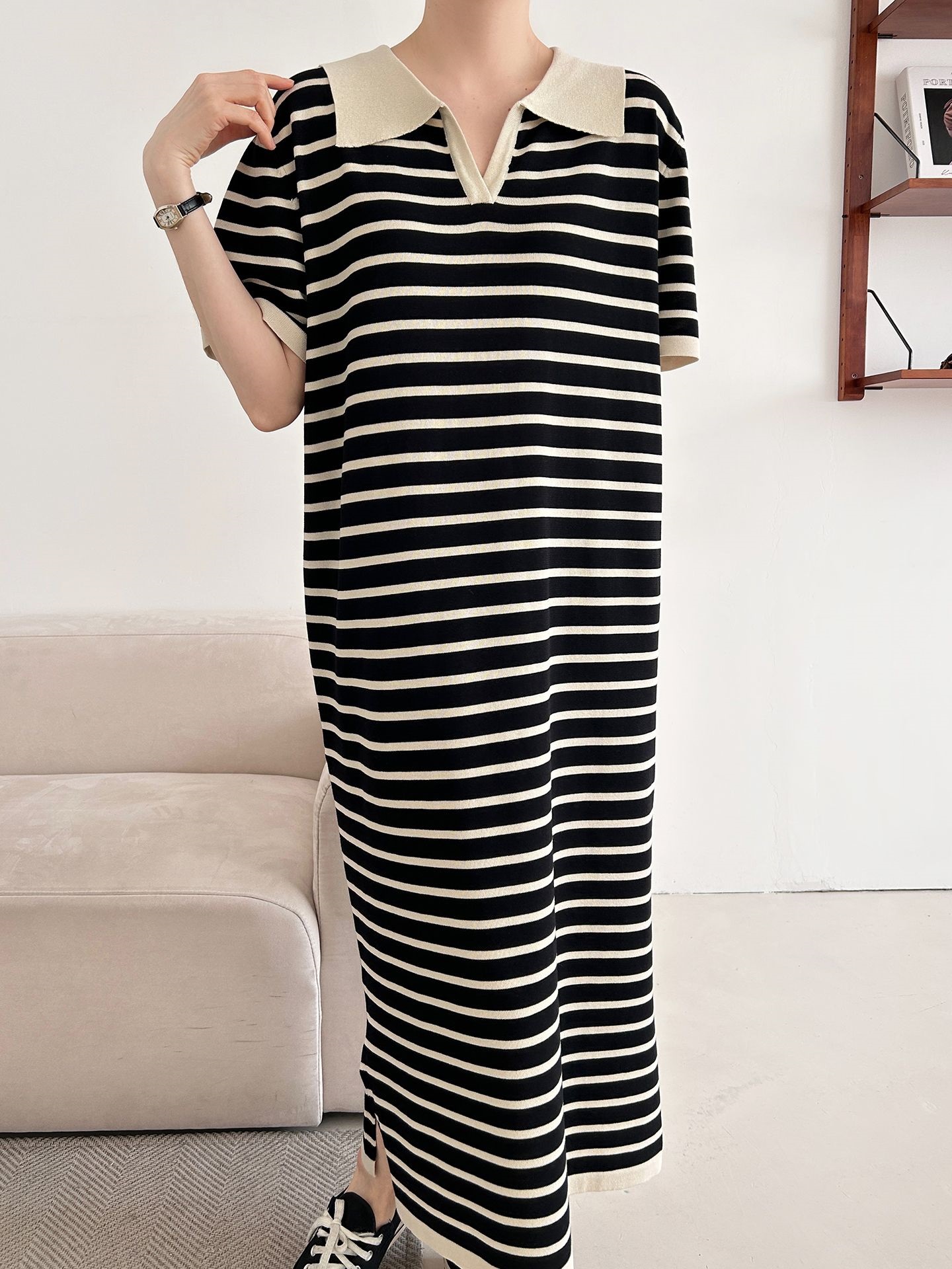 スリットオープンカラーオーバーサイズマキシルーズ半袖Hライン(ロング丈)ボーダー配色ワンピース | 詳細画像23