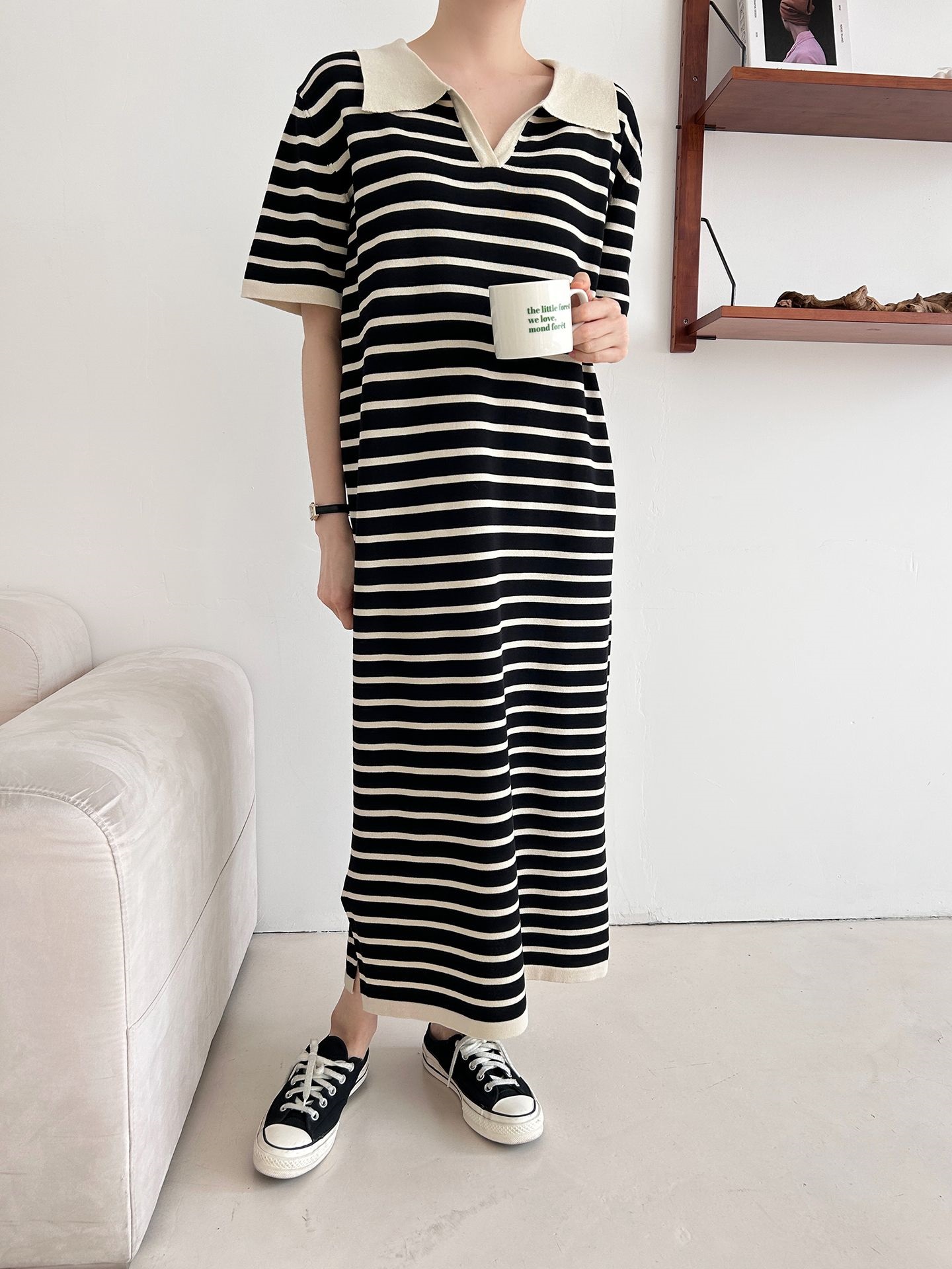 スリットオープンカラーオーバーサイズマキシルーズ半袖Hライン(ロング丈)ボーダー配色ワンピース | 詳細画像24