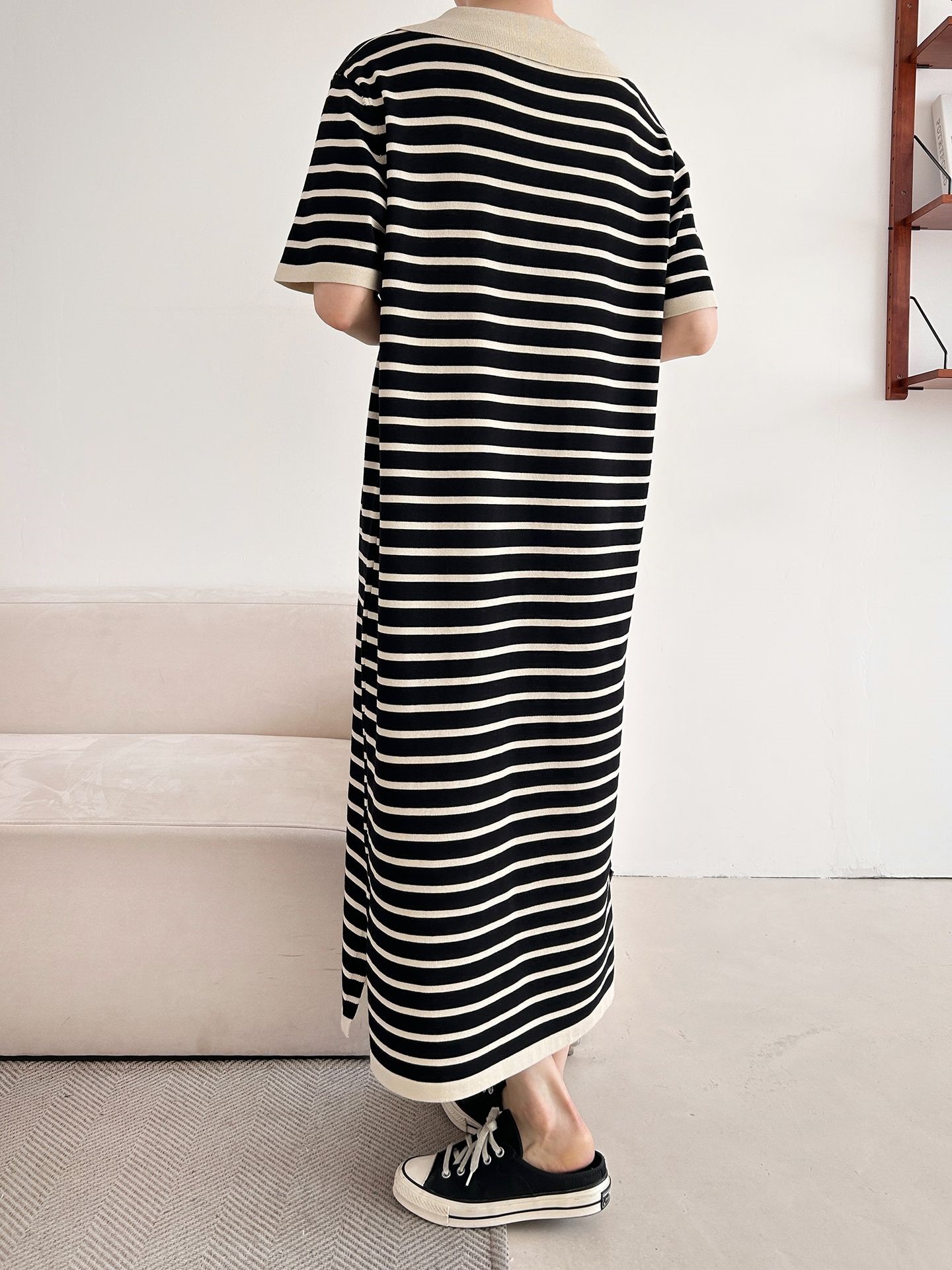 スリットオープンカラーオーバーサイズマキシルーズ半袖Hライン(ロング丈)ボーダー配色ワンピース | 詳細画像25