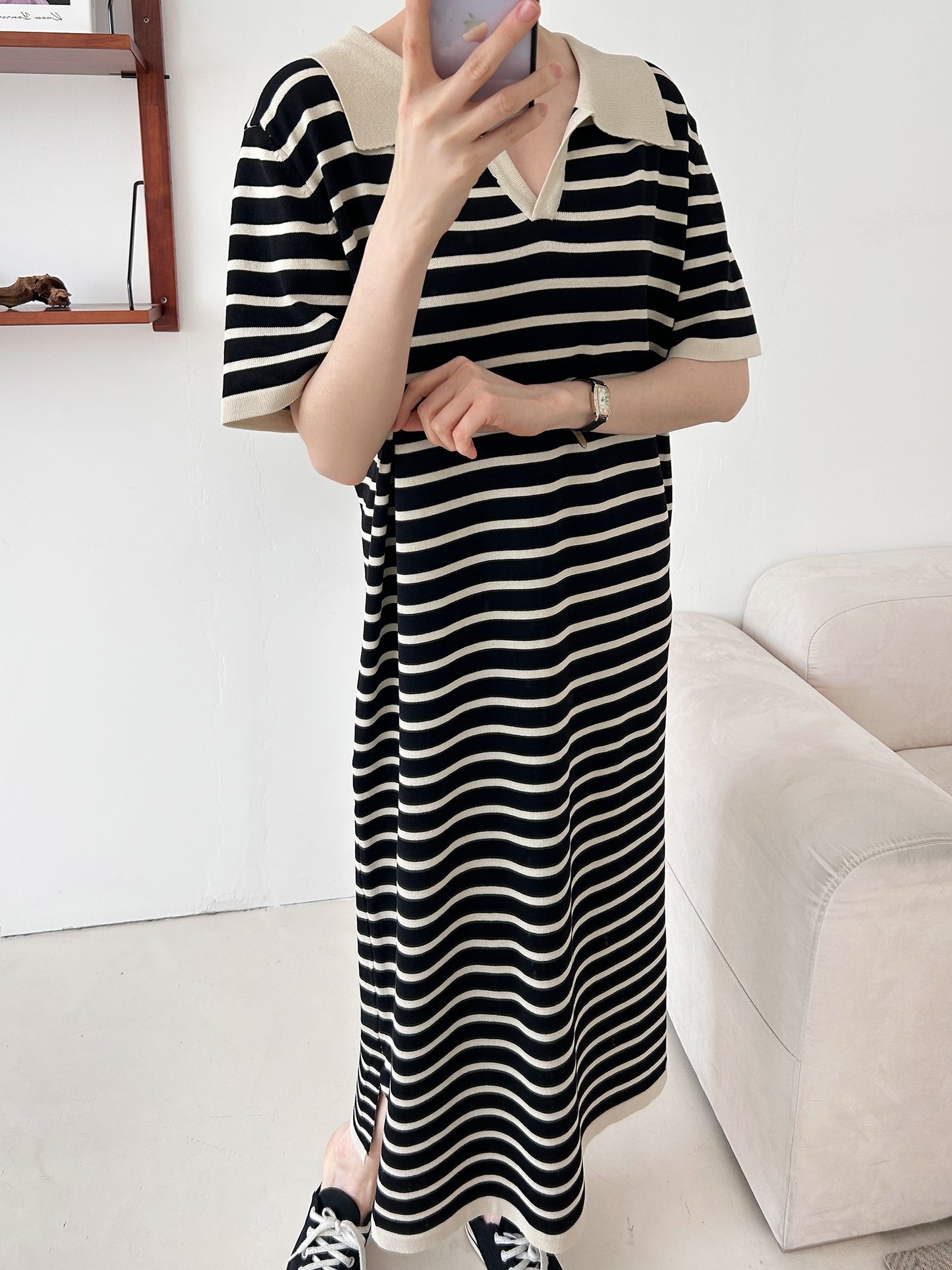 スリットオープンカラーオーバーサイズマキシルーズ半袖Hライン(ロング丈)ボーダー配色ワンピース | 詳細画像26