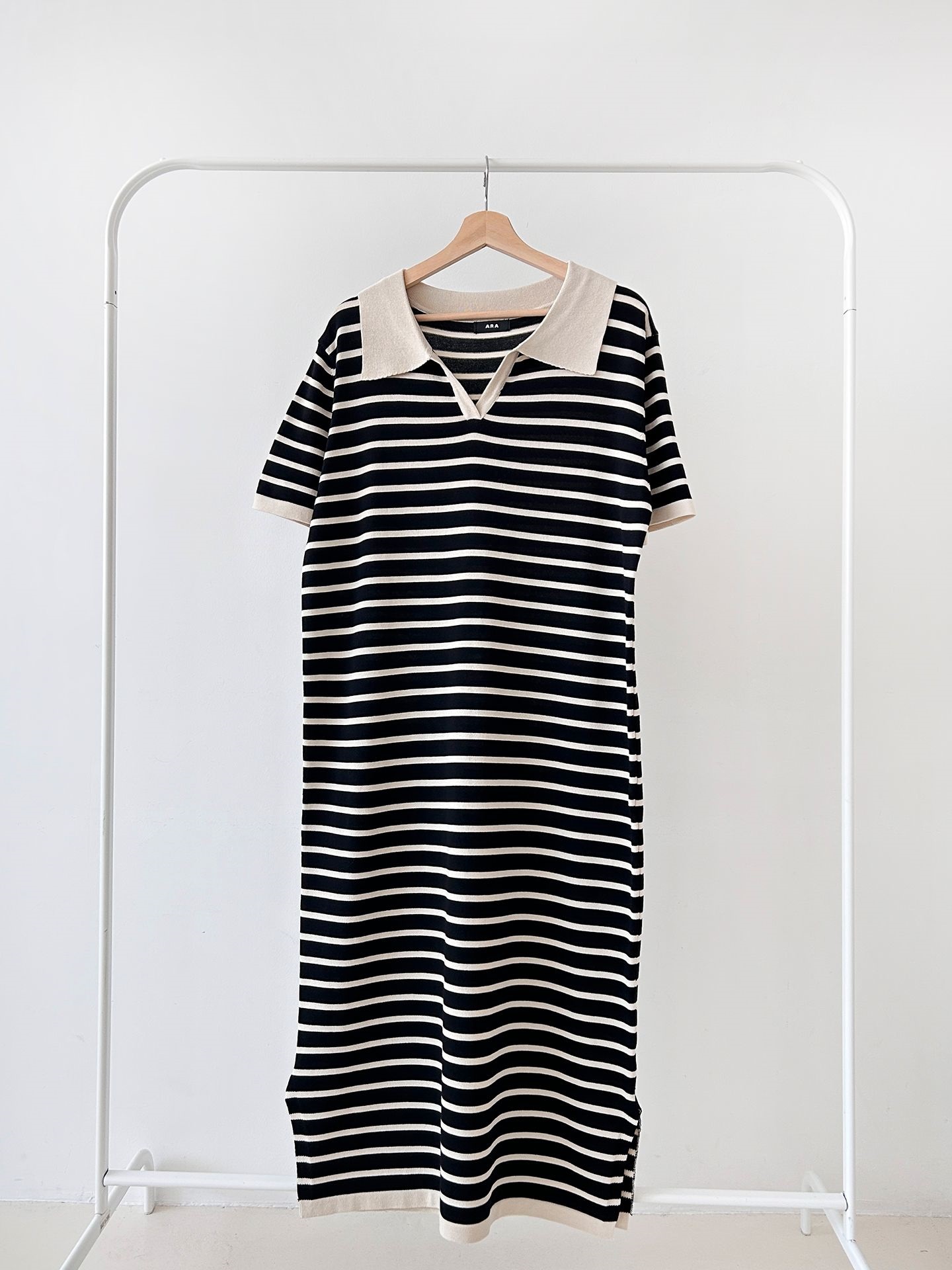 スリットオープンカラーオーバーサイズマキシルーズ半袖Hライン(ロング丈)ボーダー配色ワンピース | 詳細画像27