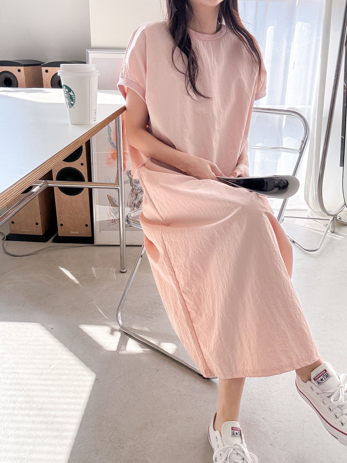 ナイロンラウンドネックフレンチスリーブラグランオーバーサイズマキシルーズ半袖Hライン(ロング丈)無地ワンピース | 詳細画像25