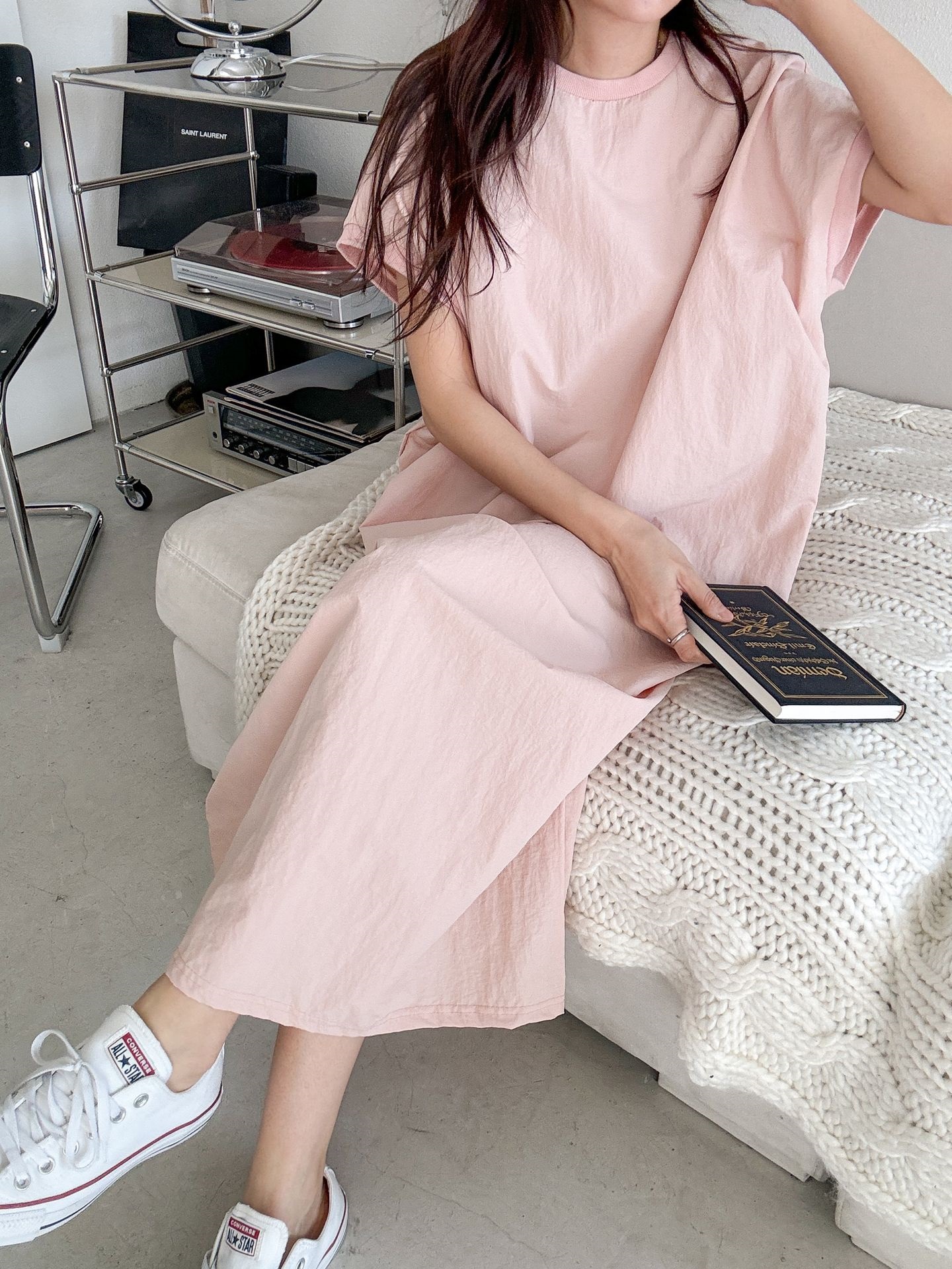 ナイロンラウンドネックフレンチスリーブラグランオーバーサイズマキシルーズ半袖Hライン(ロング丈)無地ワンピース | 詳細画像13