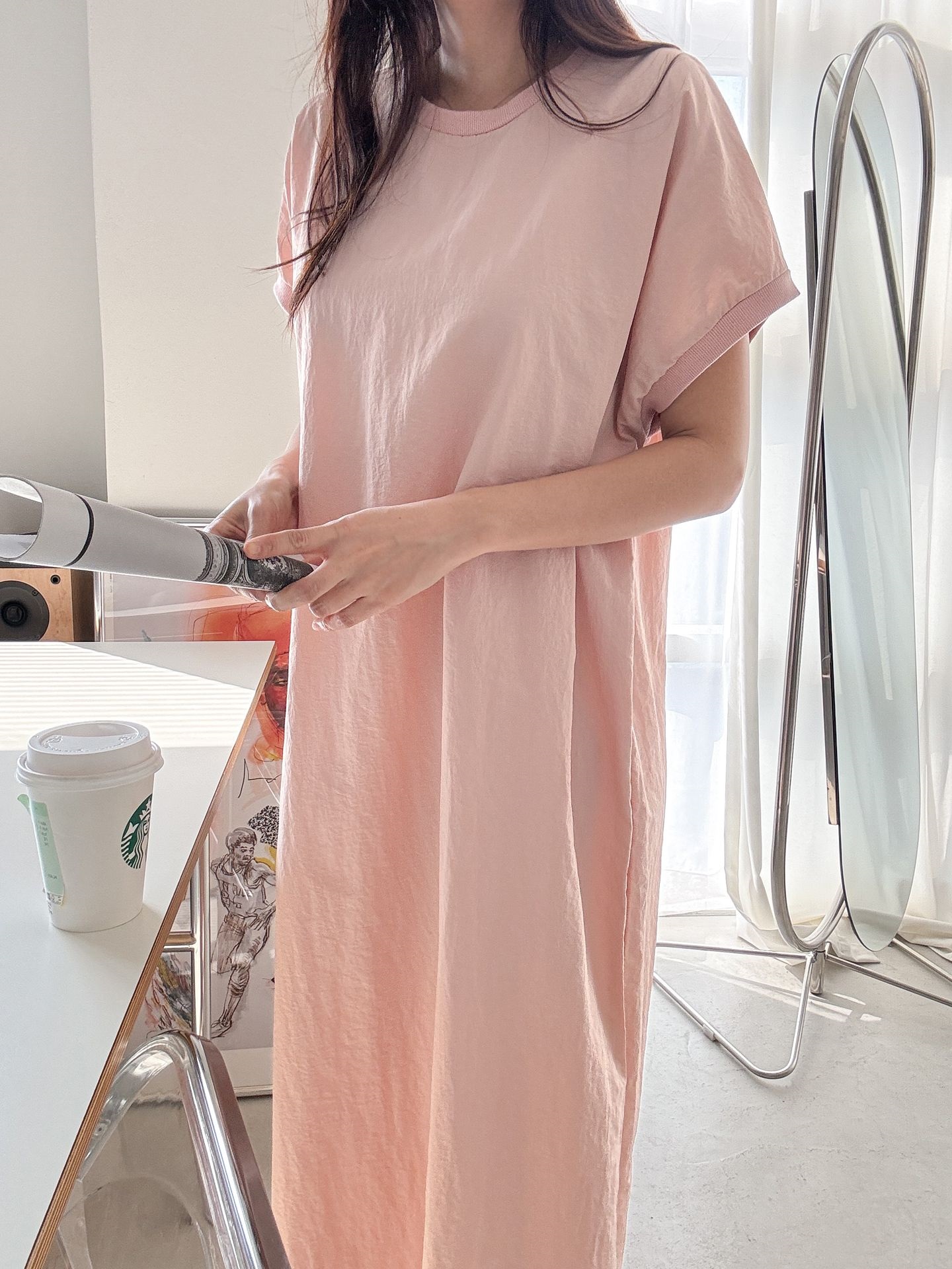 ナイロンラウンドネックフレンチスリーブラグランオーバーサイズマキシルーズ半袖Hライン(ロング丈)無地ワンピース | 詳細画像16