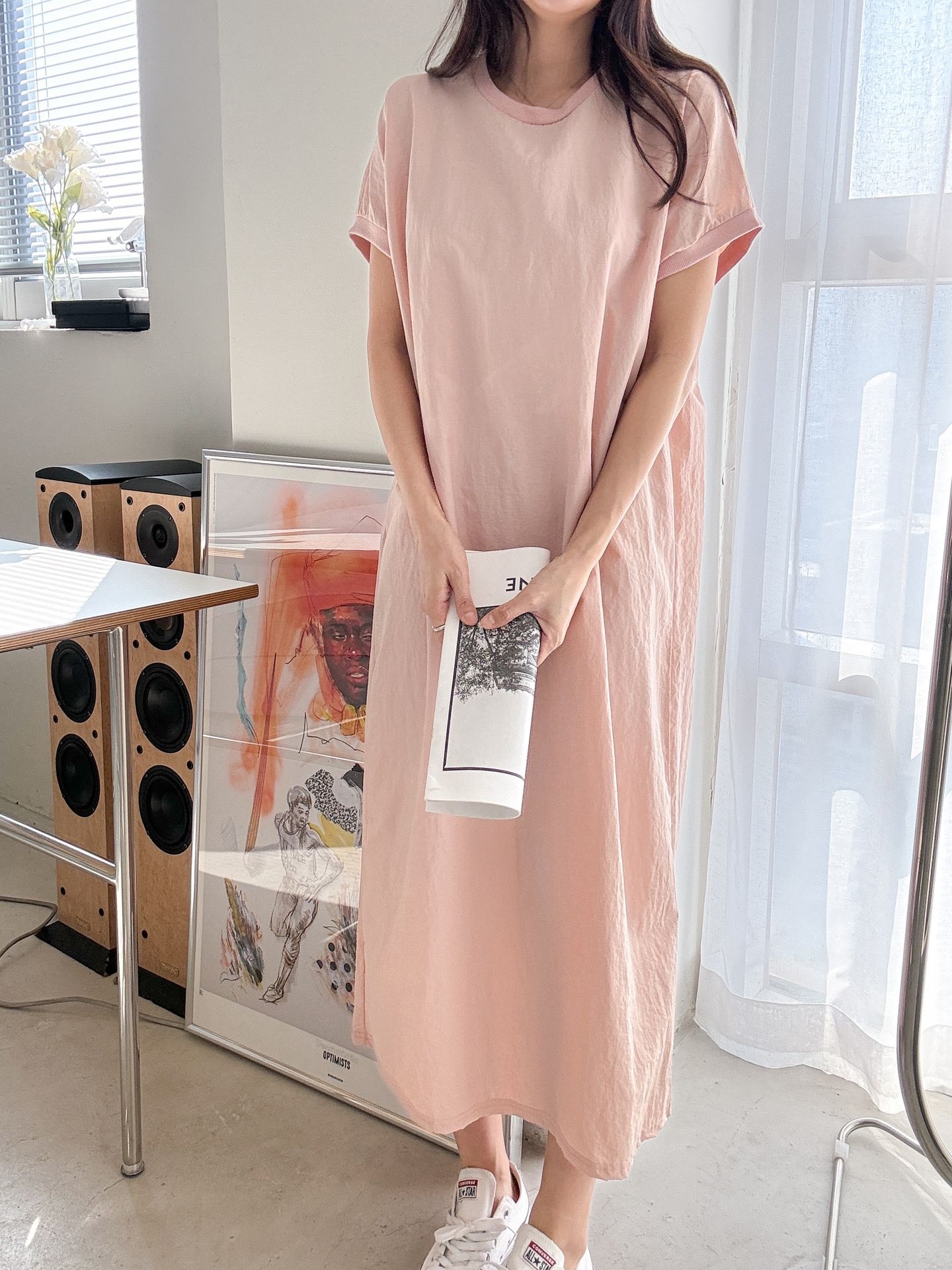 ナイロンラウンドネックフレンチスリーブラグランオーバーサイズマキシルーズ半袖Hライン(ロング丈)無地ワンピース | 詳細画像17