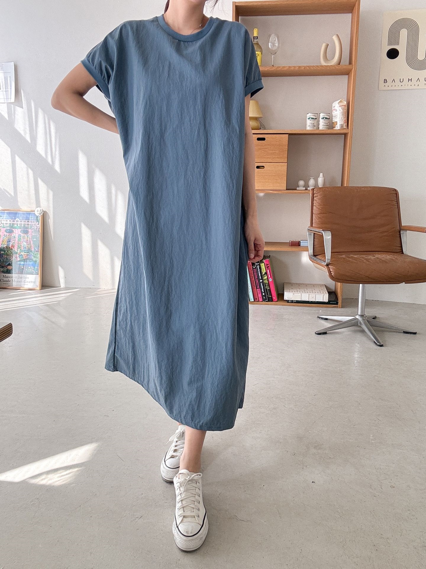 ナイロンラウンドネックフレンチスリーブラグランオーバーサイズマキシルーズ半袖Hライン(ロング丈)無地ワンピース | 詳細画像32