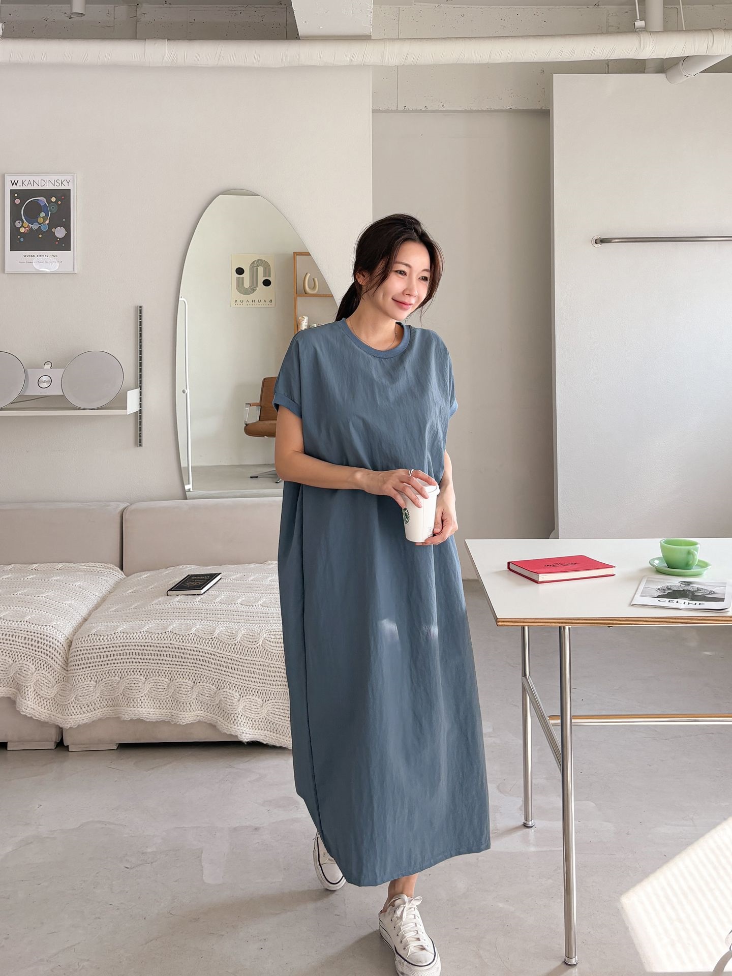 ナイロンラウンドネックフレンチスリーブラグランオーバーサイズマキシルーズ半袖Hライン(ロング丈)無地ワンピース | 詳細画像34