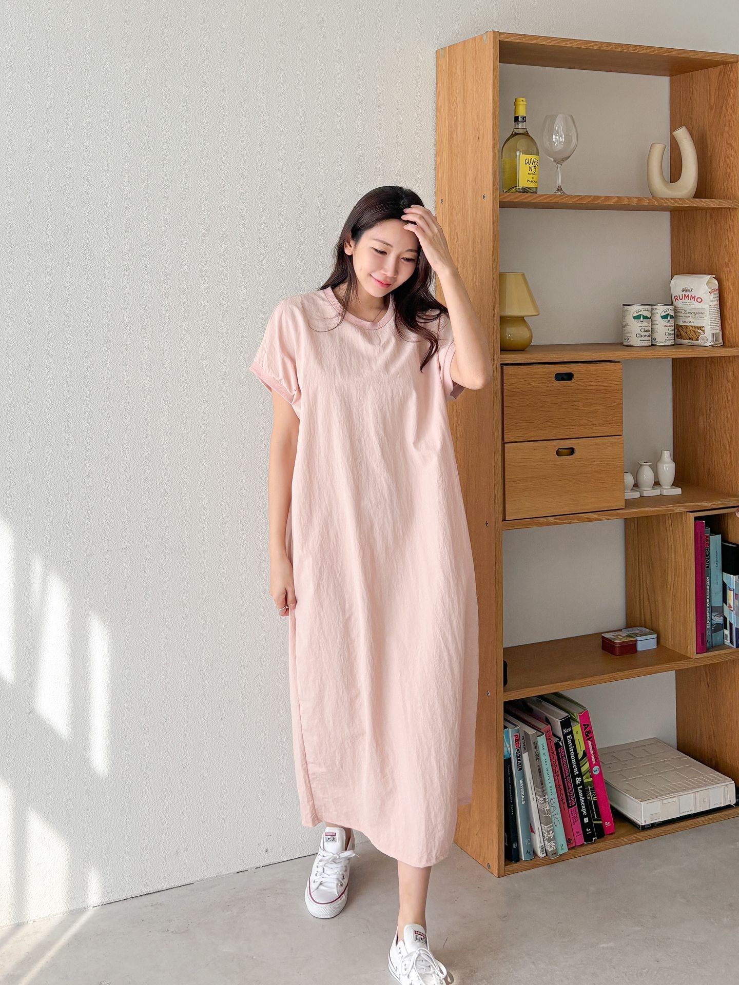 ナイロンラウンドネックフレンチスリーブラグランオーバーサイズマキシルーズ半袖Hライン(ロング丈)無地ワンピース | 詳細画像14