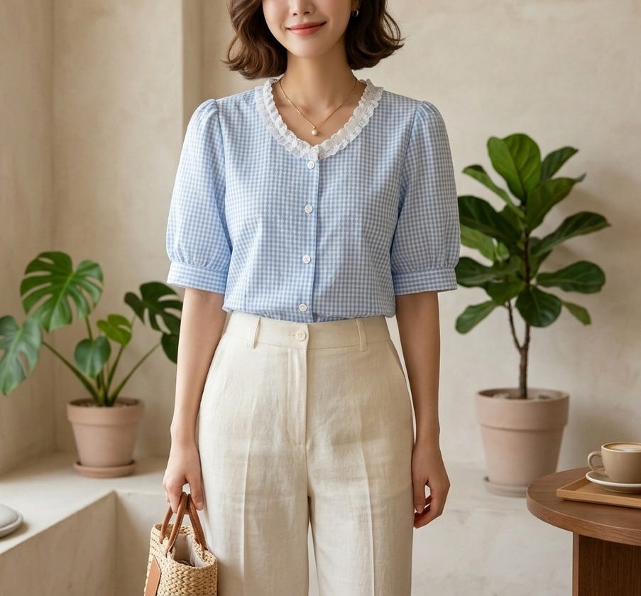 ボタンラウンドネックラインパフスリーブ半袖ギャザー配色チェックブラウス | 詳細画像3