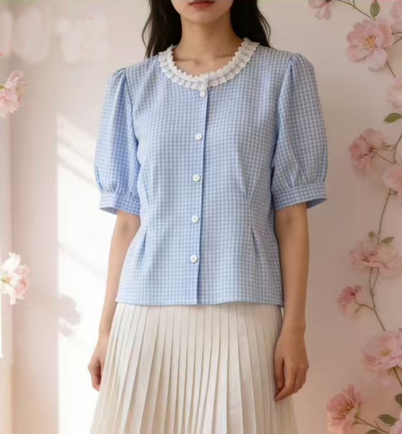 ボタンラウンドネックラインパフスリーブ半袖ギャザー配色チェックブラウス | 詳細画像5