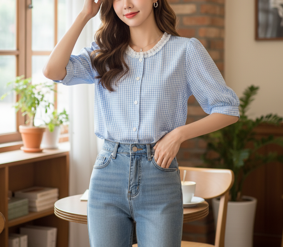 ボタンラウンドネックラインパフスリーブ半袖ギャザー配色チェックブラウス | 詳細画像4