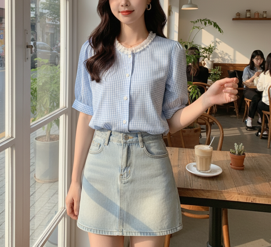 ボタンラウンドネックラインパフスリーブ半袖ギャザー配色チェックブラウス | 詳細画像2