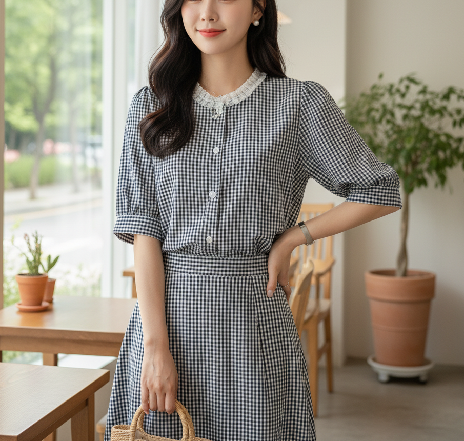 ボタンラウンドネックラインパフスリーブ半袖ギャザー配色チェックブラウス | 詳細画像8