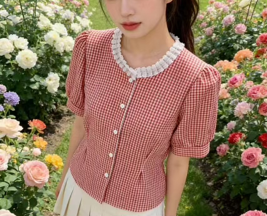 ボタンラウンドネックラインパフスリーブ半袖ギャザー配色チェックブラウス | 詳細画像7