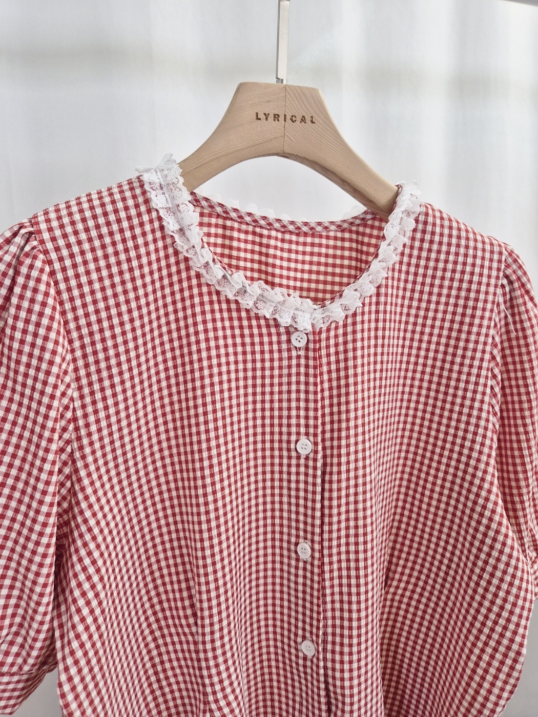 ボタンラウンドネックラインパフスリーブ半袖ギャザー配色チェックブラウス | 詳細画像11