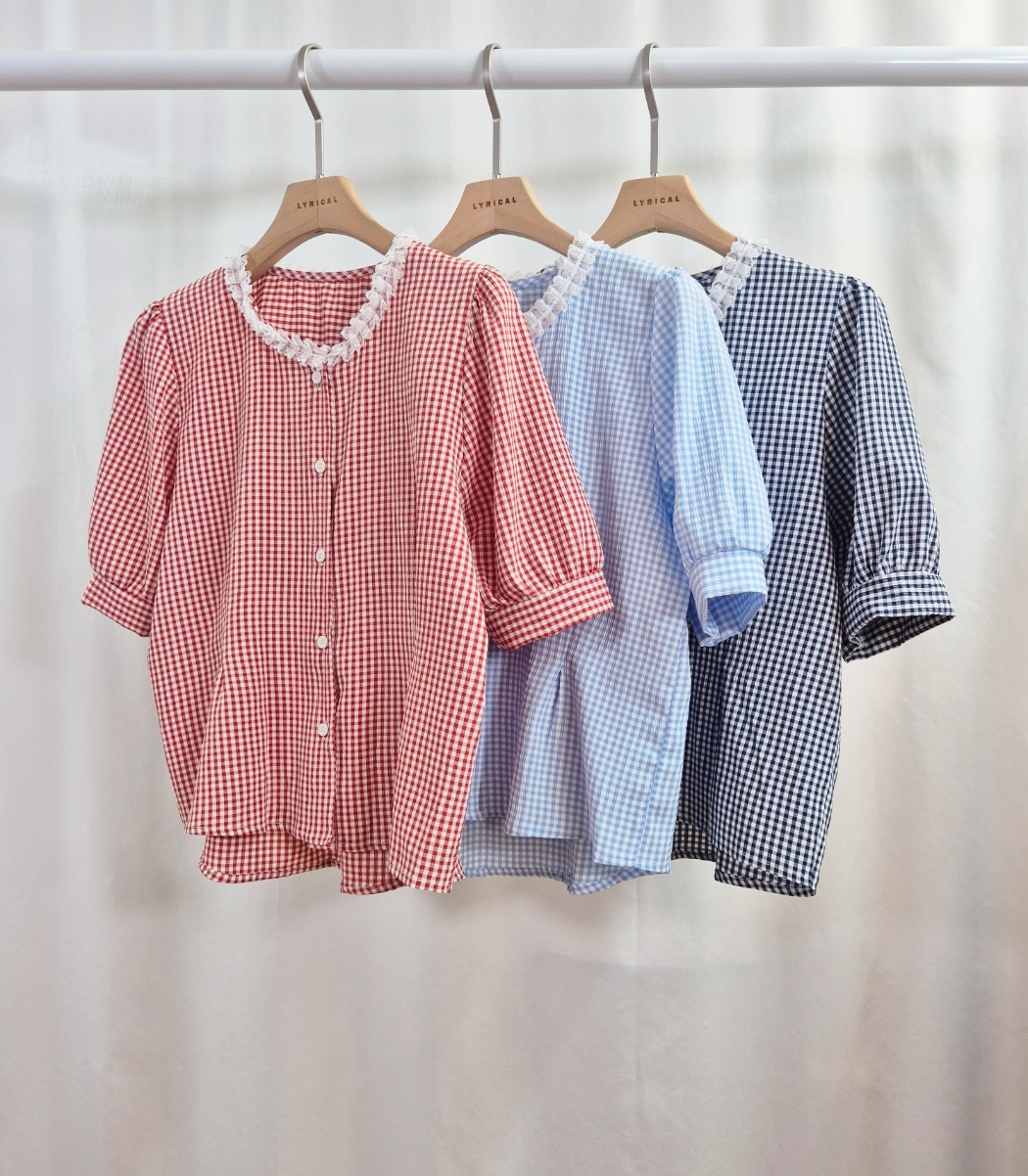 ボタンラウンドネックラインパフスリーブ半袖ギャザー配色チェックブラウス | 詳細画像9