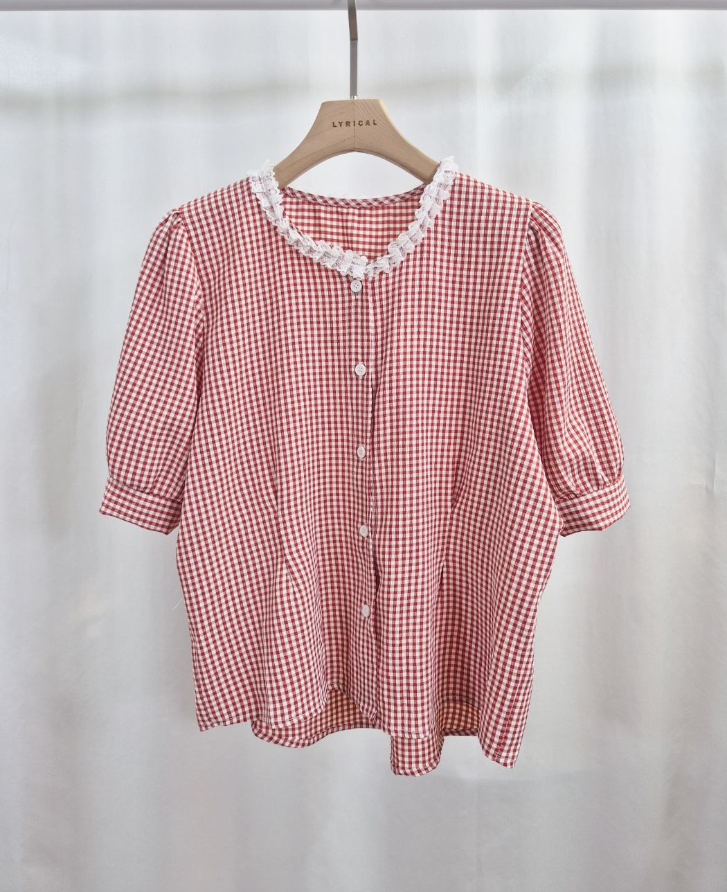 ボタンラウンドネックラインパフスリーブ半袖ギャザー配色チェックブラウス | 詳細画像10