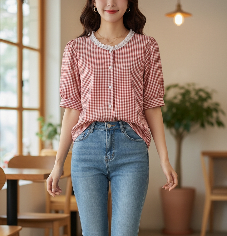 ボタンラウンドネックラインパフスリーブ半袖ギャザー配色チェックブラウス | 詳細画像6