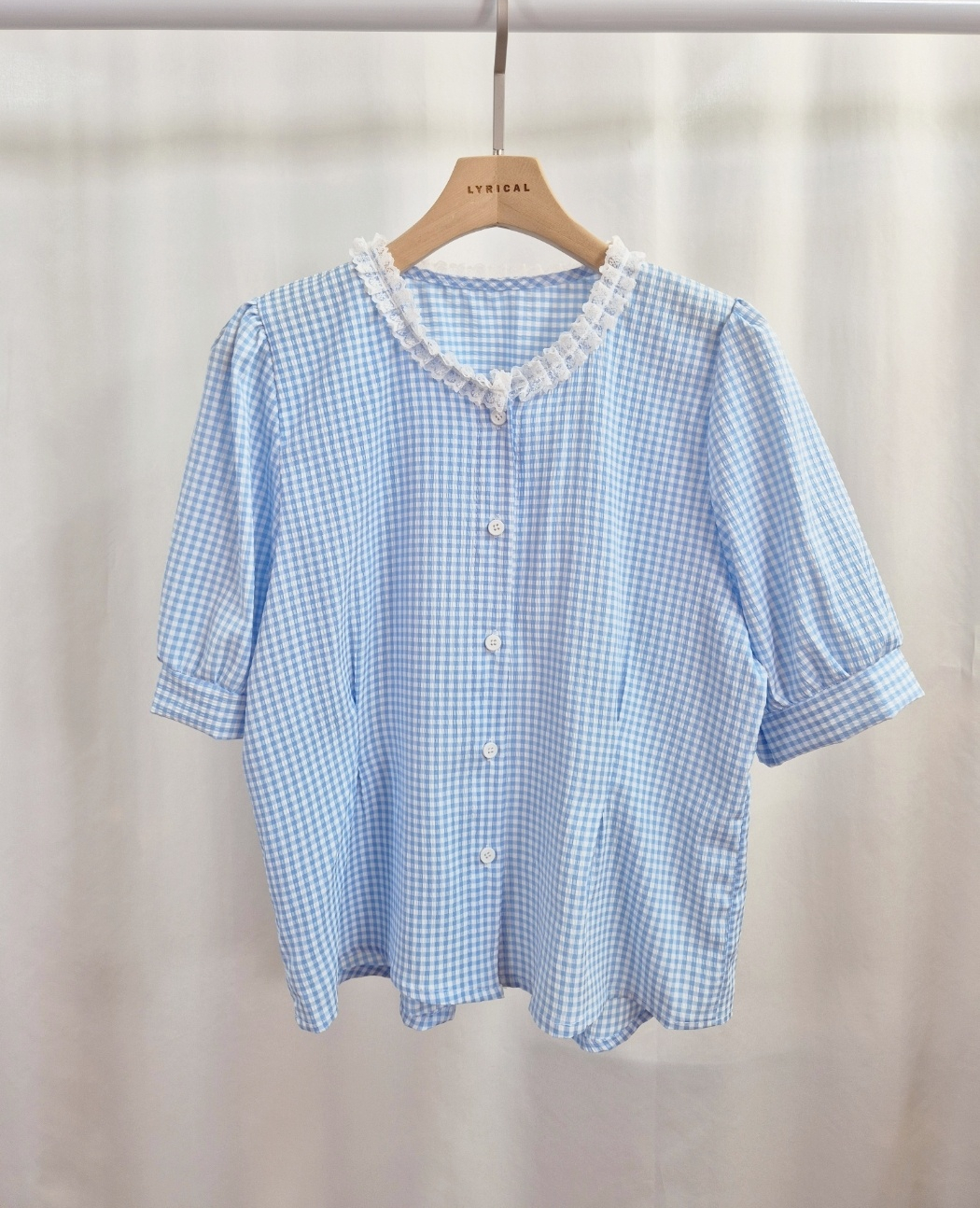 ボタンラウンドネックラインパフスリーブ半袖ギャザー配色チェックブラウス | 詳細画像12