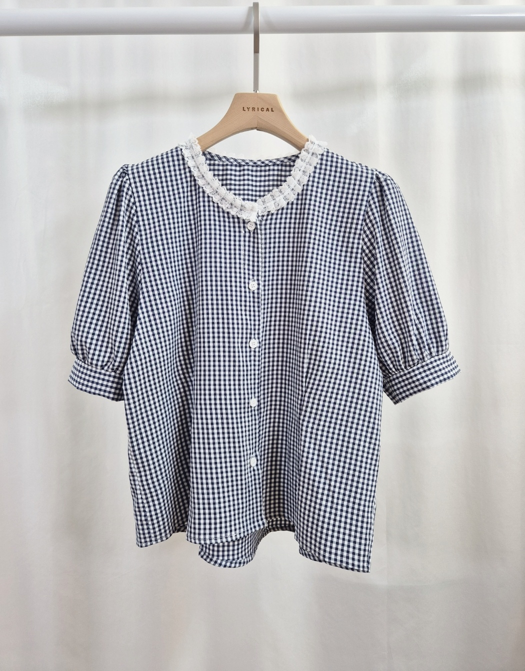 ボタンラウンドネックラインパフスリーブ半袖ギャザー配色チェックブラウス | 詳細画像13