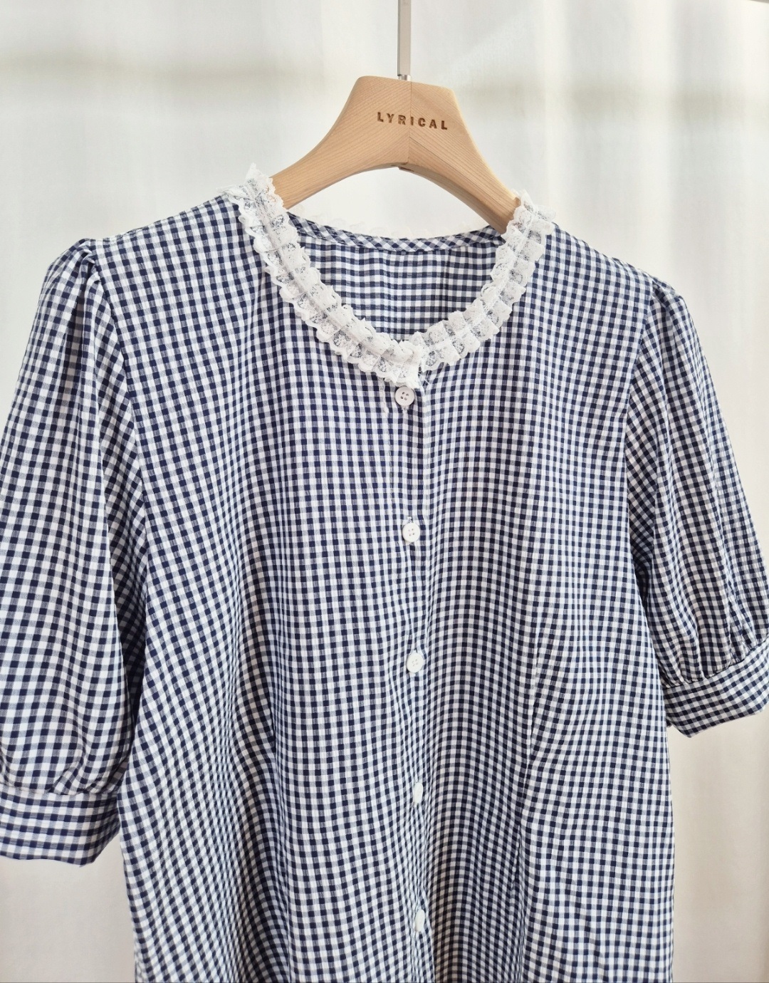 ボタンラウンドネックラインパフスリーブ半袖ギャザー配色チェックブラウス | 詳細画像14